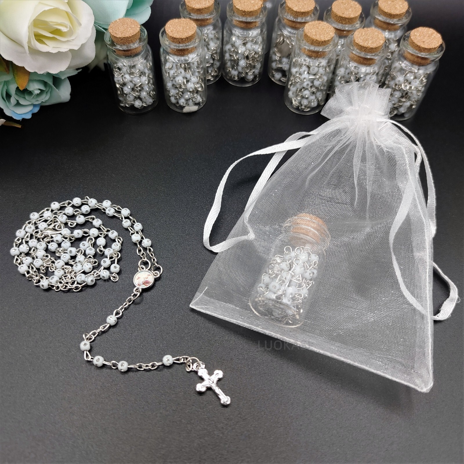 US 4/12pcs White Bead Rosary Necklace in Wishing Bottle w Organza Bag Christian