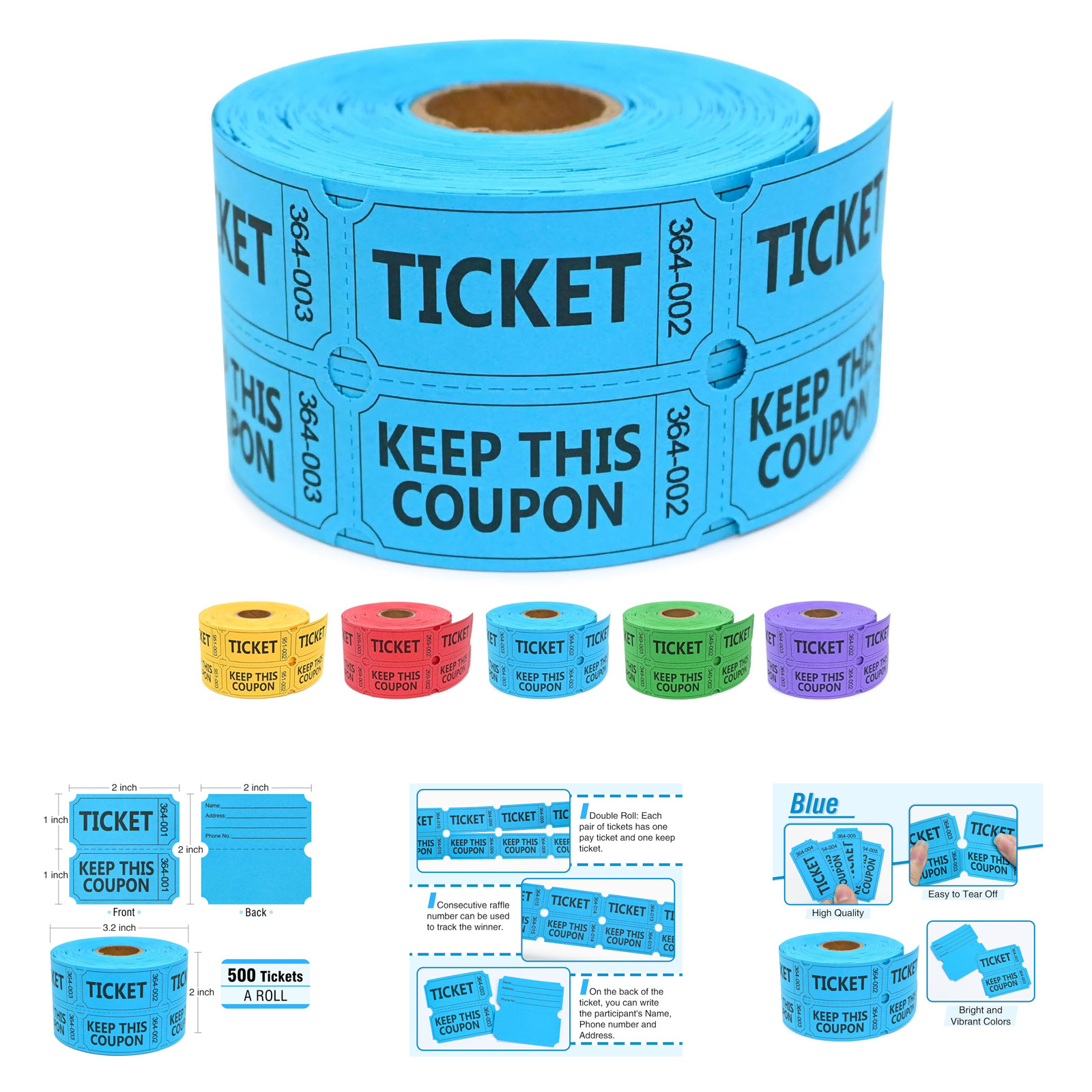 Raffle Tickets Roll with Name Phone Number Blue 500 Pairs Event Classroom Door