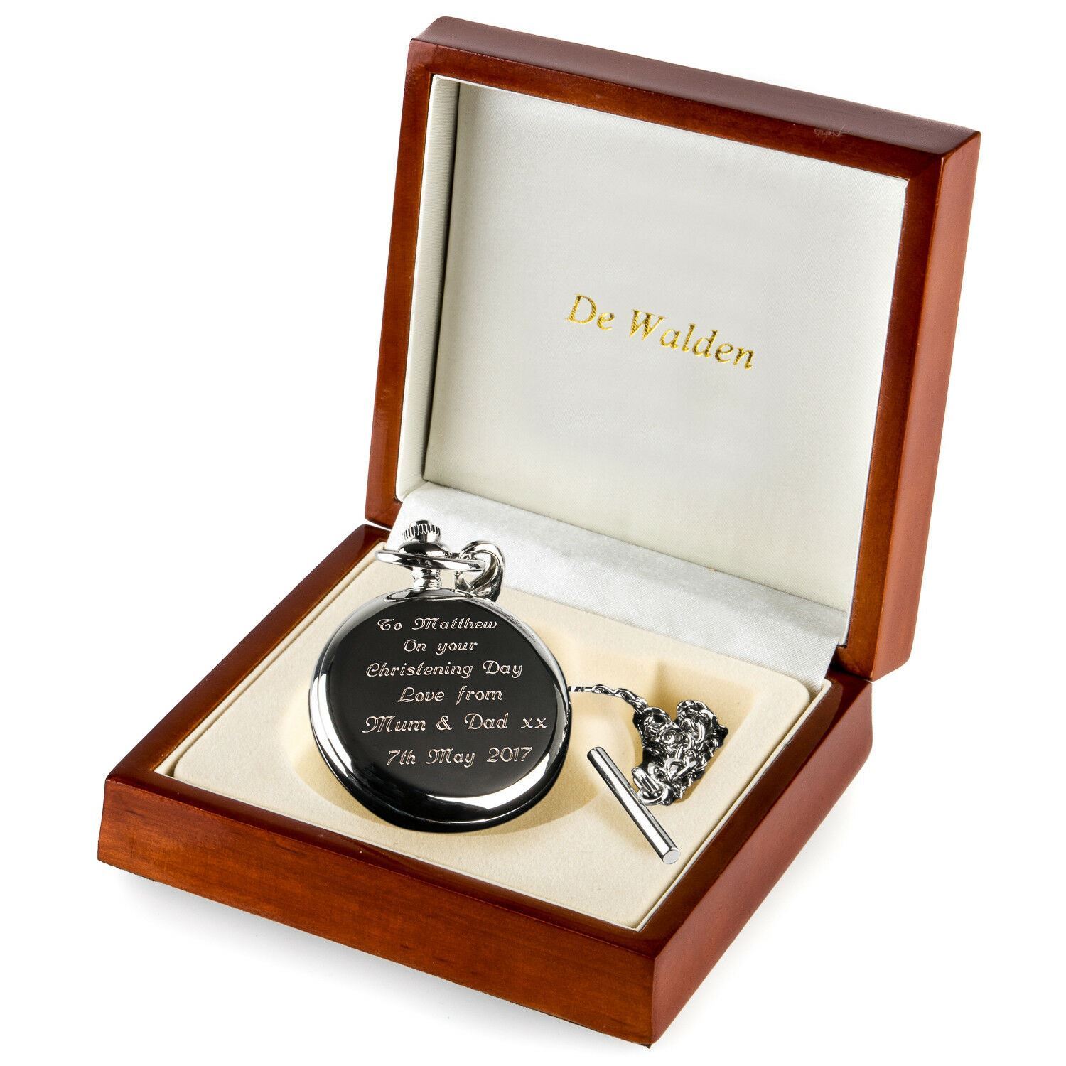 Unique Boys Christening Gift Engraved St Christopher Pocket Watch Wood Box MOP