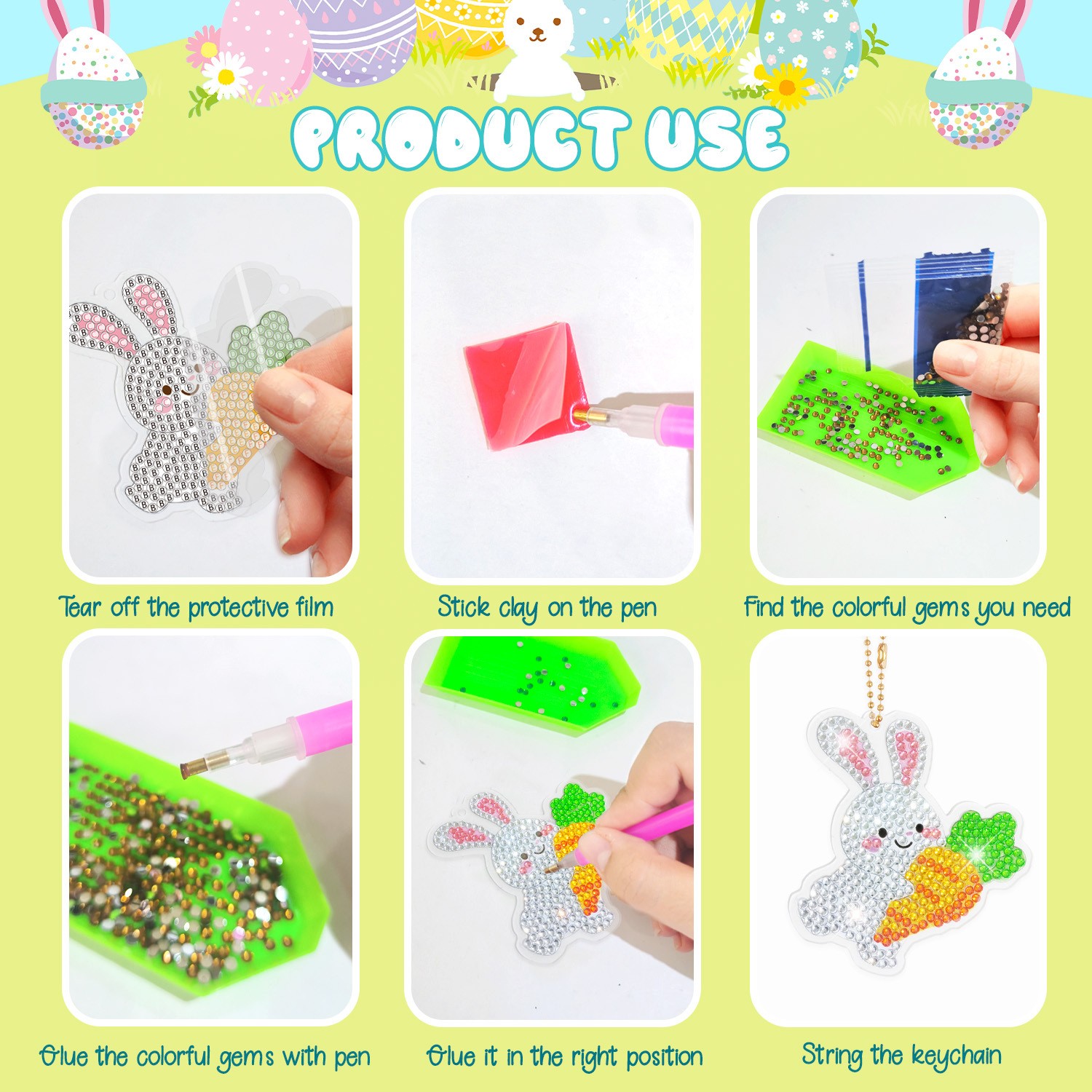 Easter Diamond Painting DIY Keychain Easter Ornaments Bunny Kids Game Supplies