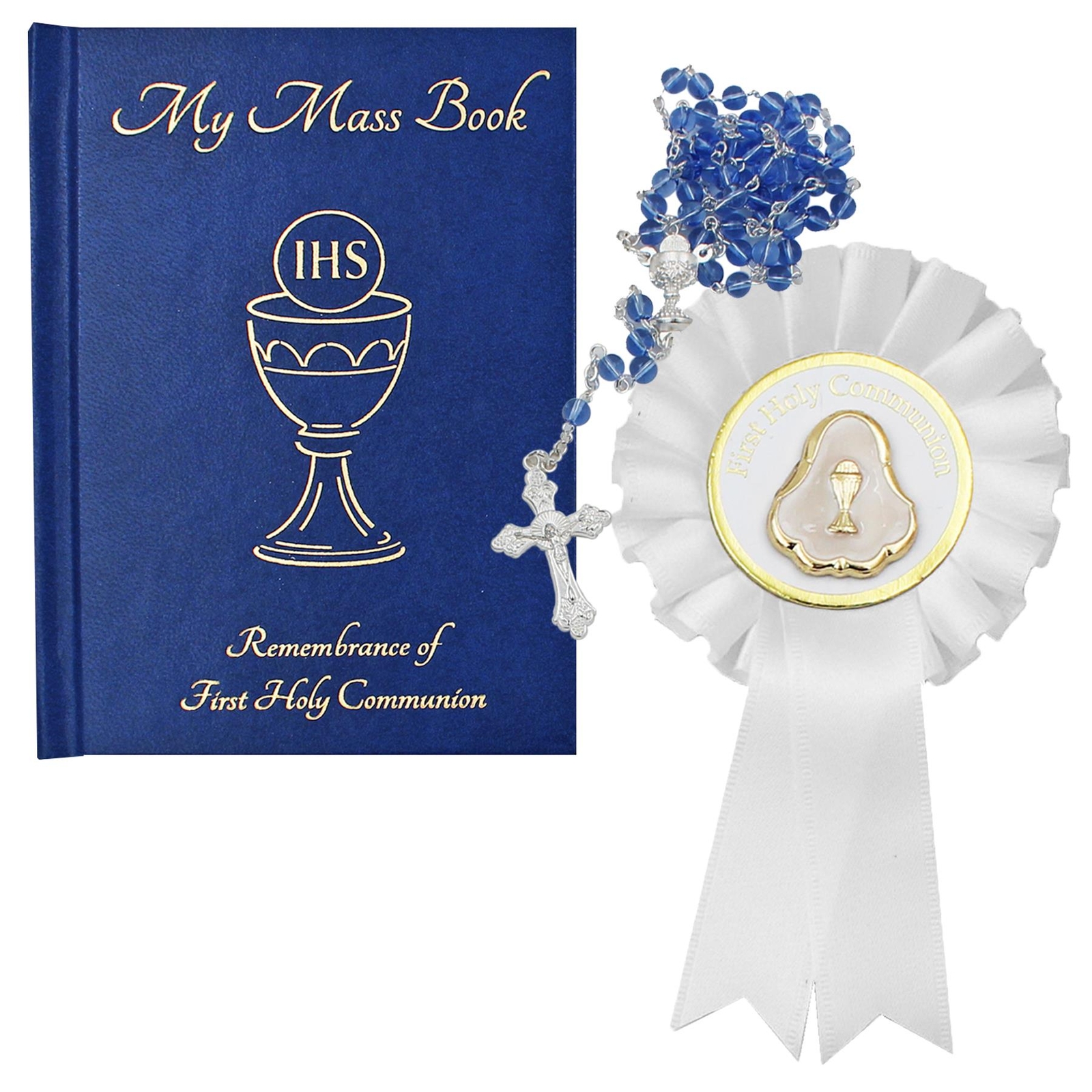 First Holy Communion Gift Set Mass Book, Rosary Beads and Rosette – Blue