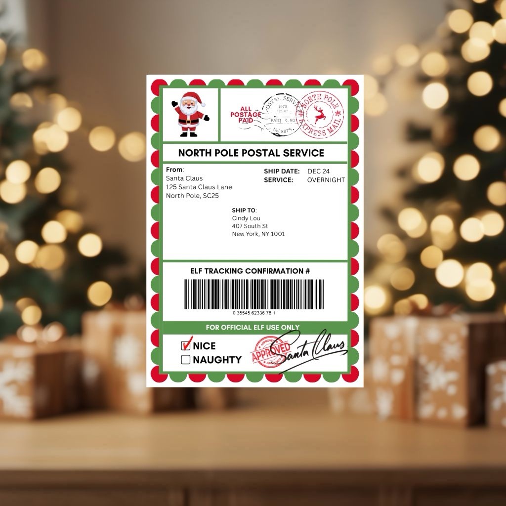 Christmas Personalized Santa North Pole Faux Shipping Gift Label