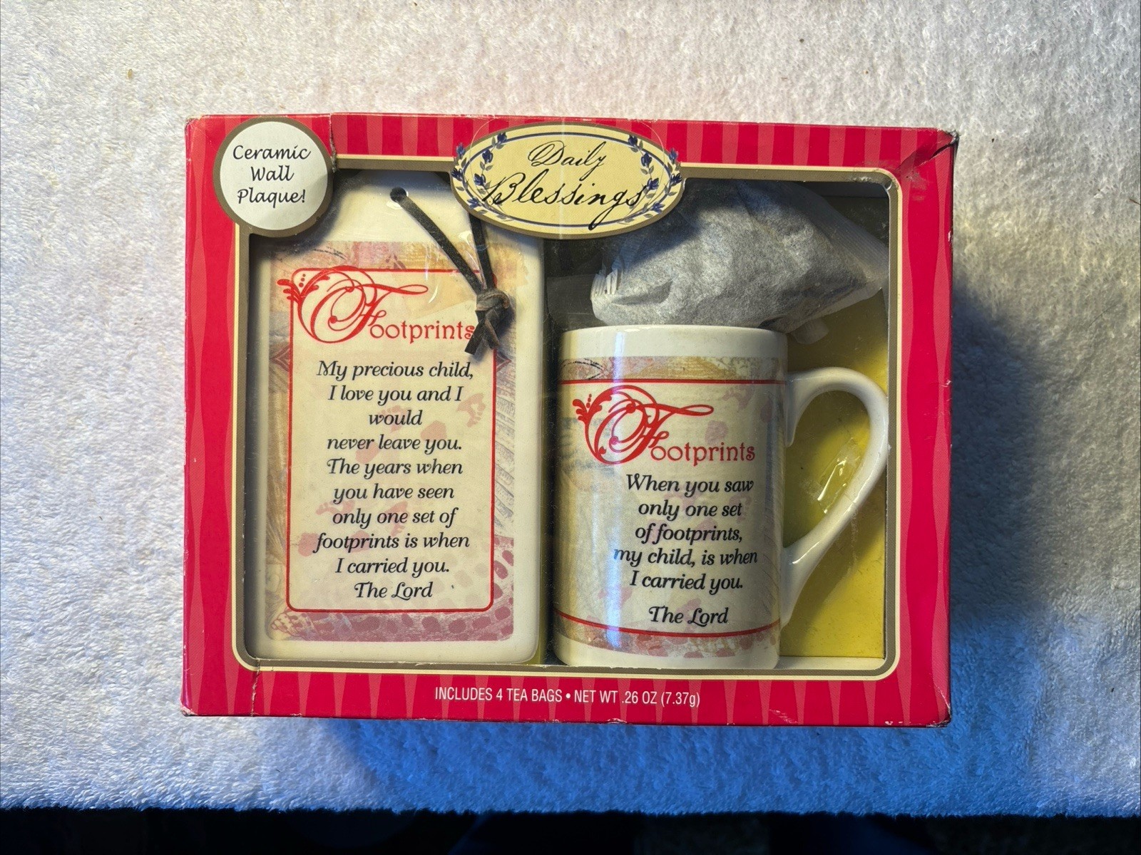 Daily Blessing Ceramic Wall Plaque Gift Set/Foot Prints In Sand Mug & Tea NEW