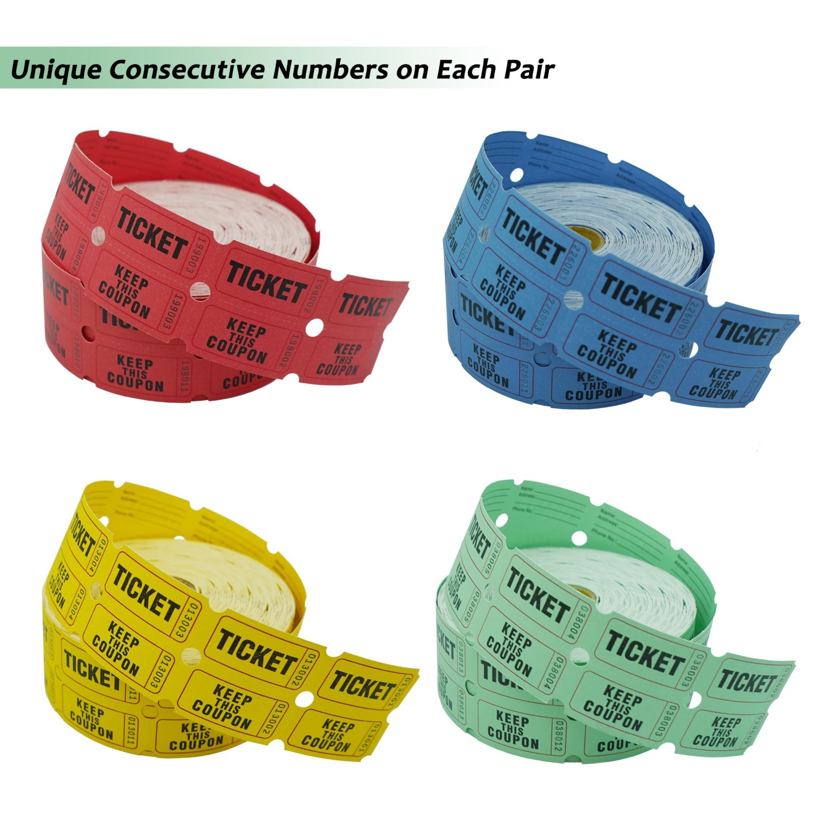 4000 Pairs Raffle Tickets – 4 Color Set, 50/50 Double Roll, 2×2 Inch, Event Fund