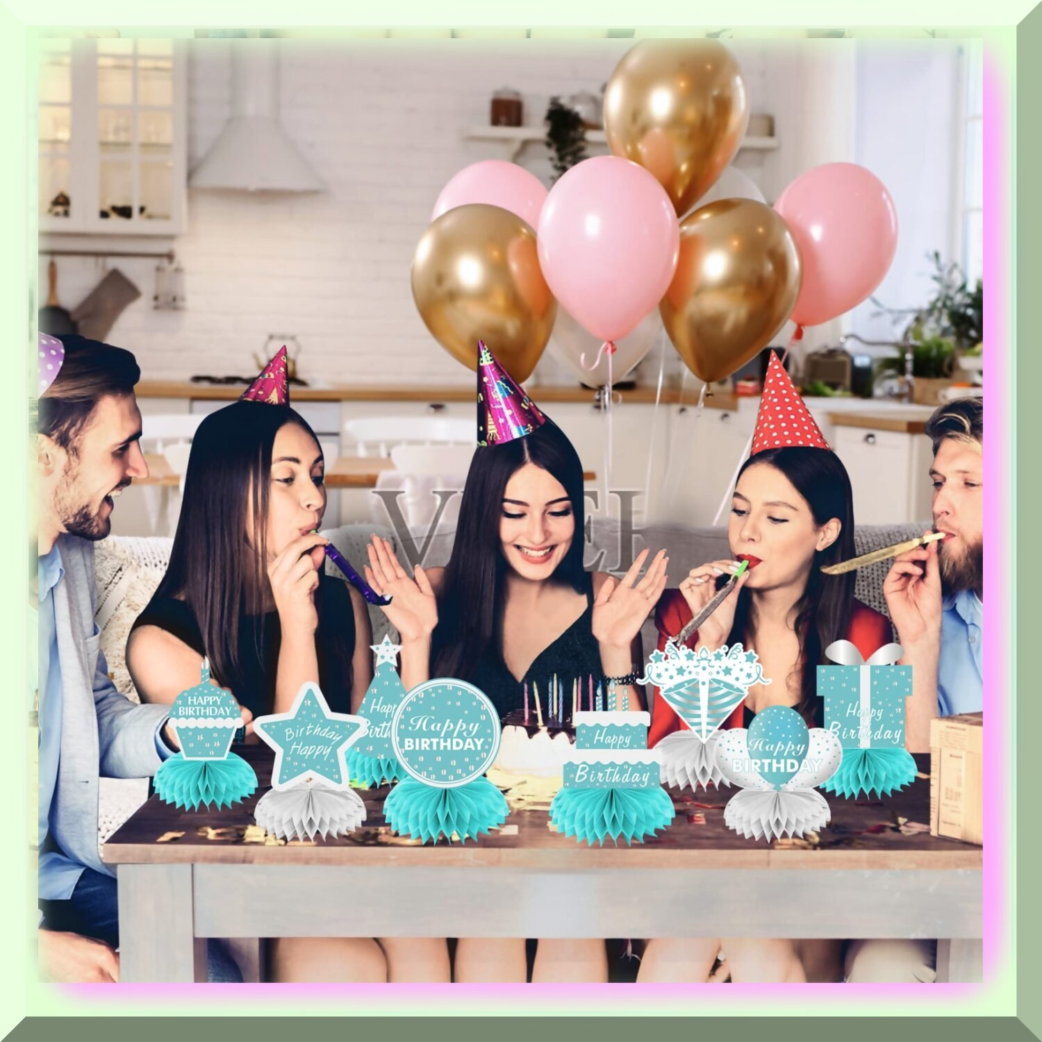 Teal Blue Honeycomb Birthday Table Centerpieces 8pcs