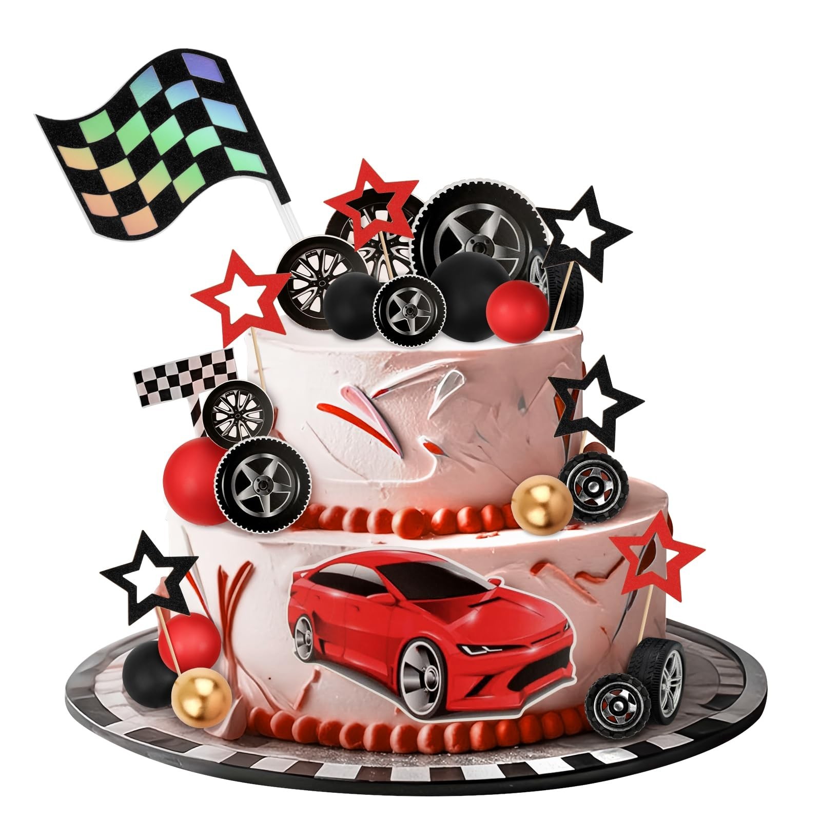 29 Pieces Racing Car Cake Decorations Wheel Flag Cupcake Toppers for Racing C…