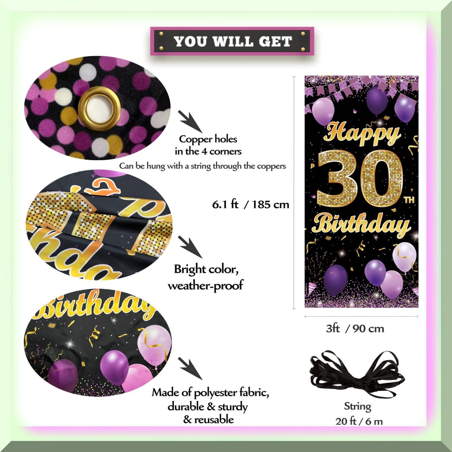 30th Birthday Purple Gold Door Banner