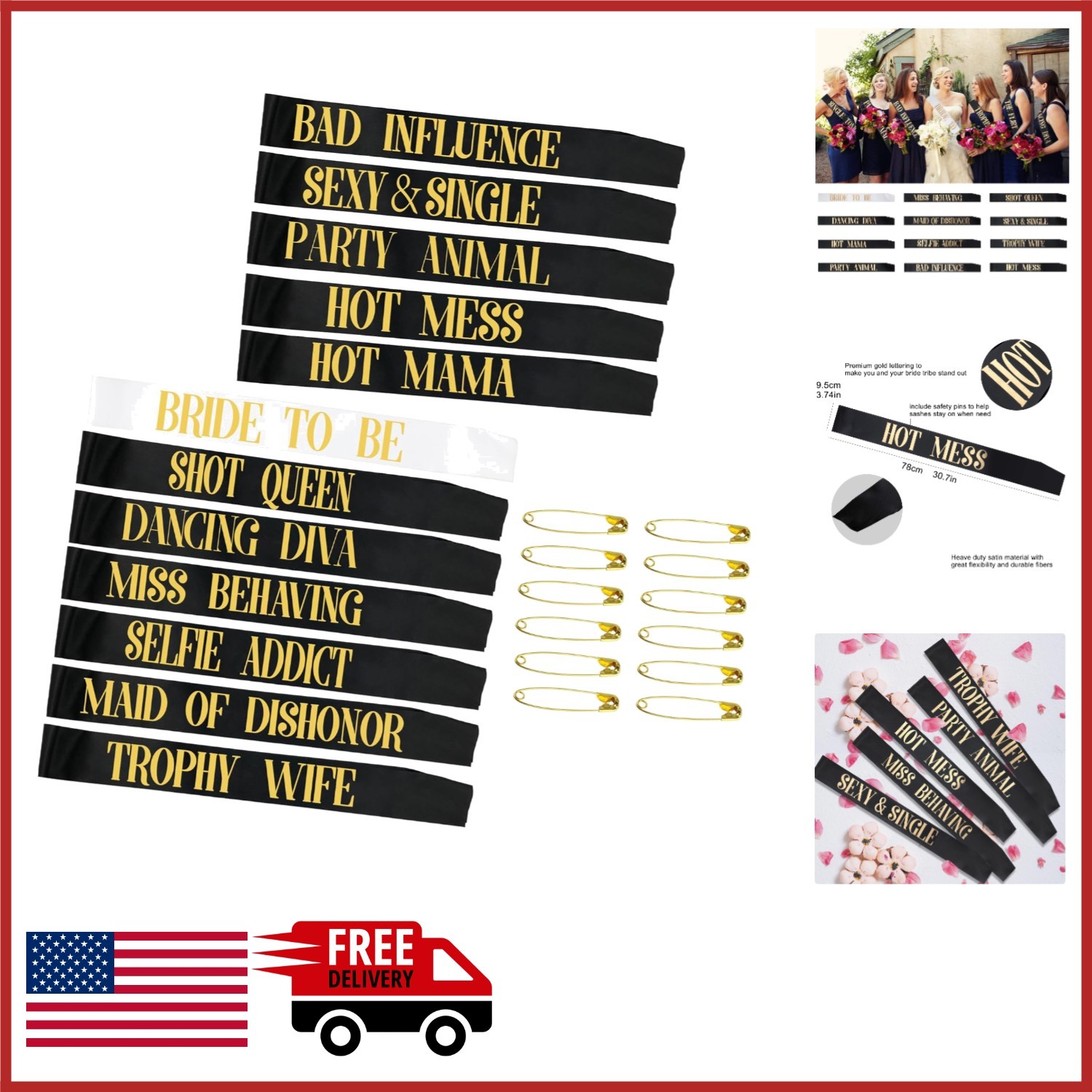 Bride Tribe Sashes Set for Bachelorette Party 12 Count Black Gold Letters