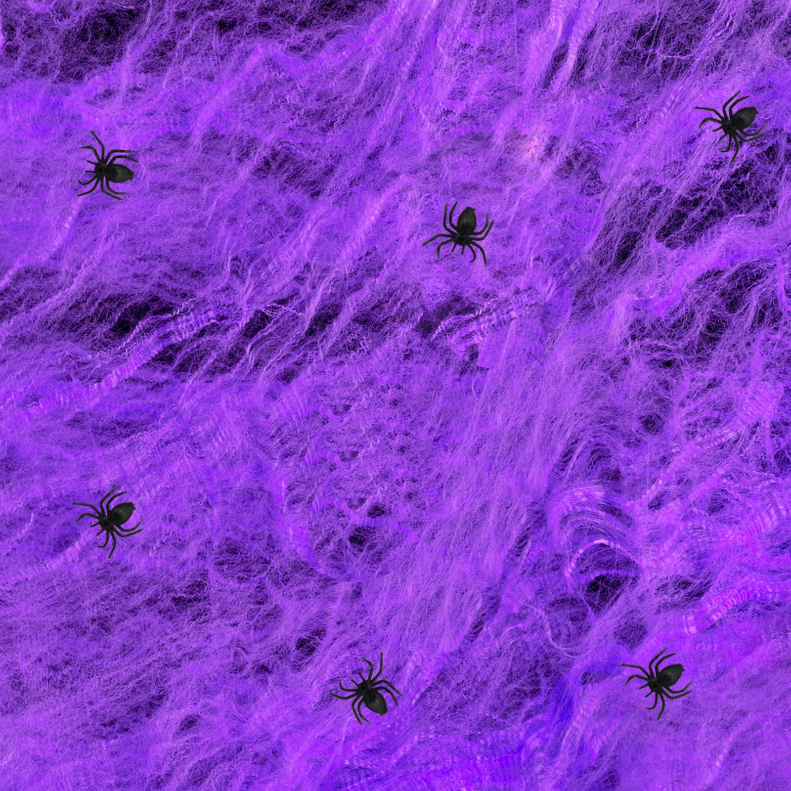 Halloween Room Decoration – Purple Spider Web 6 Plastic Spiders