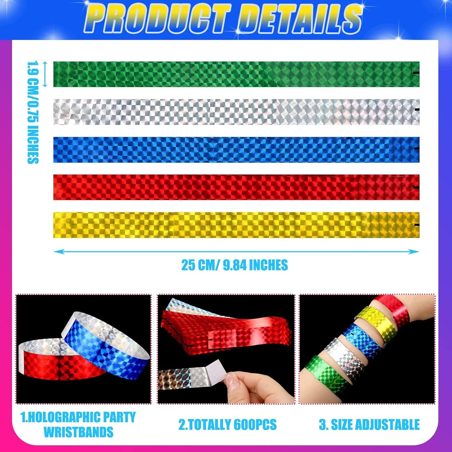 500 Pack Holographic Party Wristbands Assorted Colores Buckle Wristbands for Eve