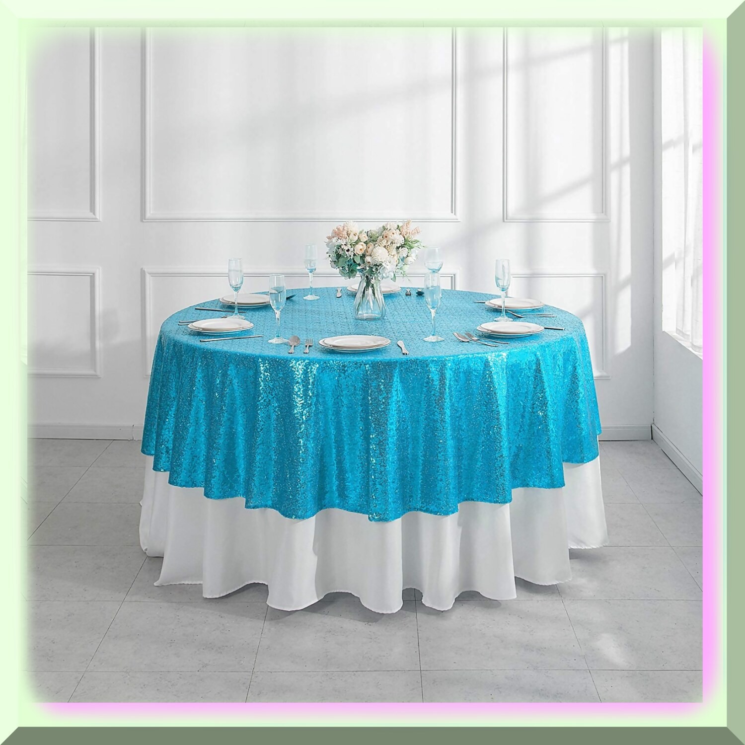 Turquoise Sequin Round Party Tablecloth