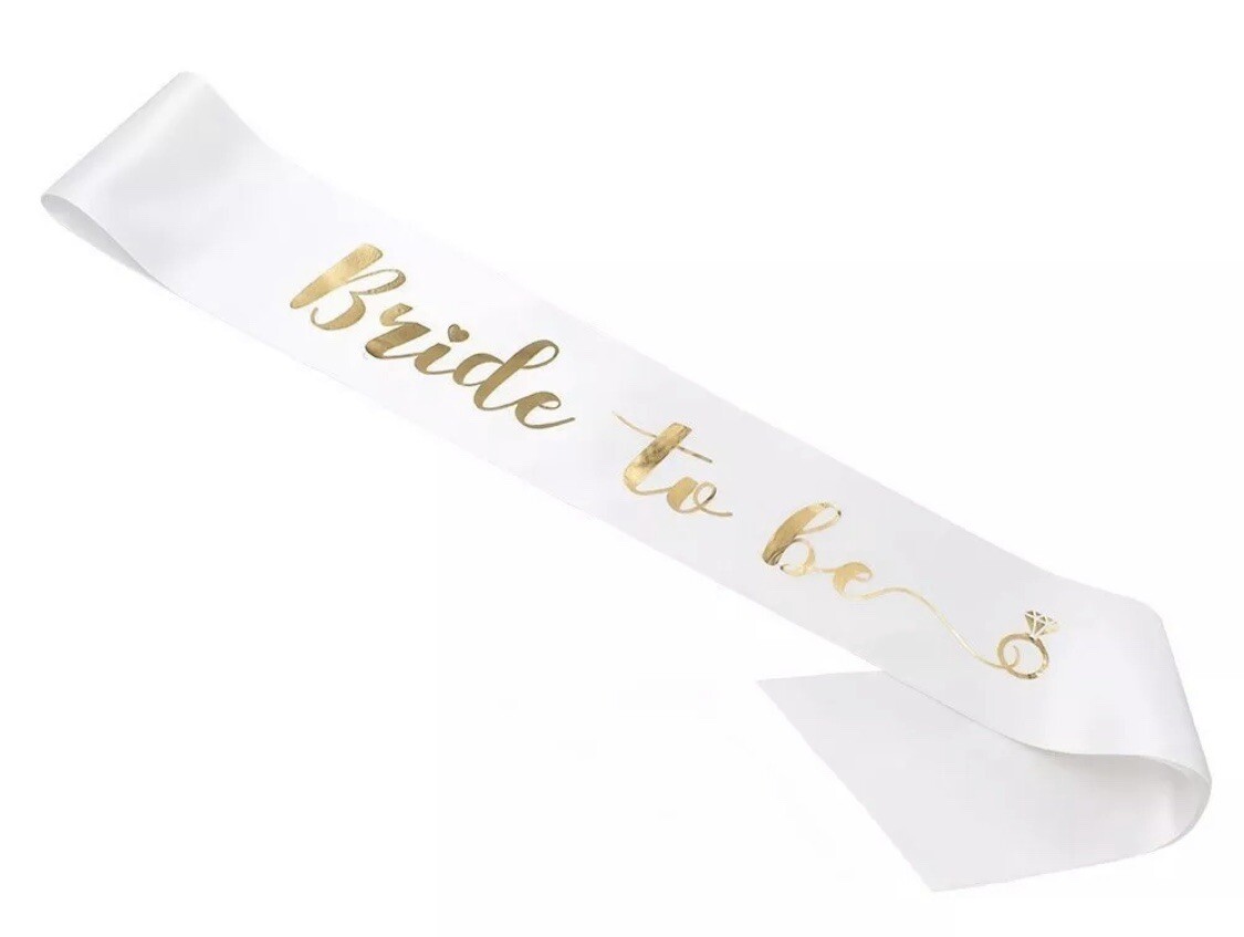 New Bride to Be White Sash Bachelorette Gold Letters Bridal Party Shower Wedding