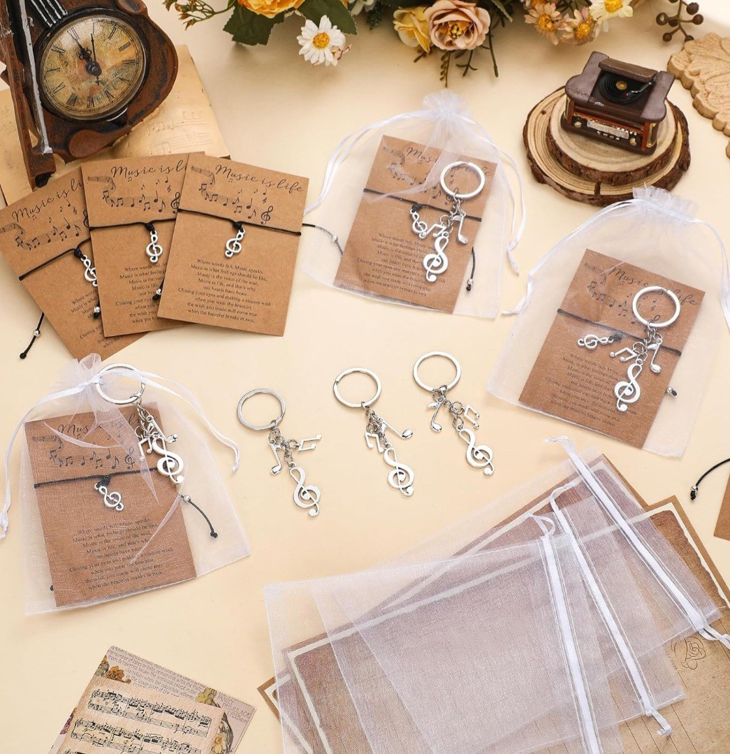 Landical 30 Set Music Party Favors Bulk Note Bracelets and Keychains w/gift bags
