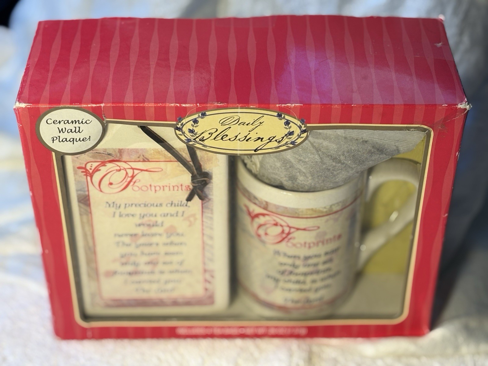Daily Blessing Ceramic Wall Plaque Gift Set/Foot Prints In Sand Mug & Tea NEW