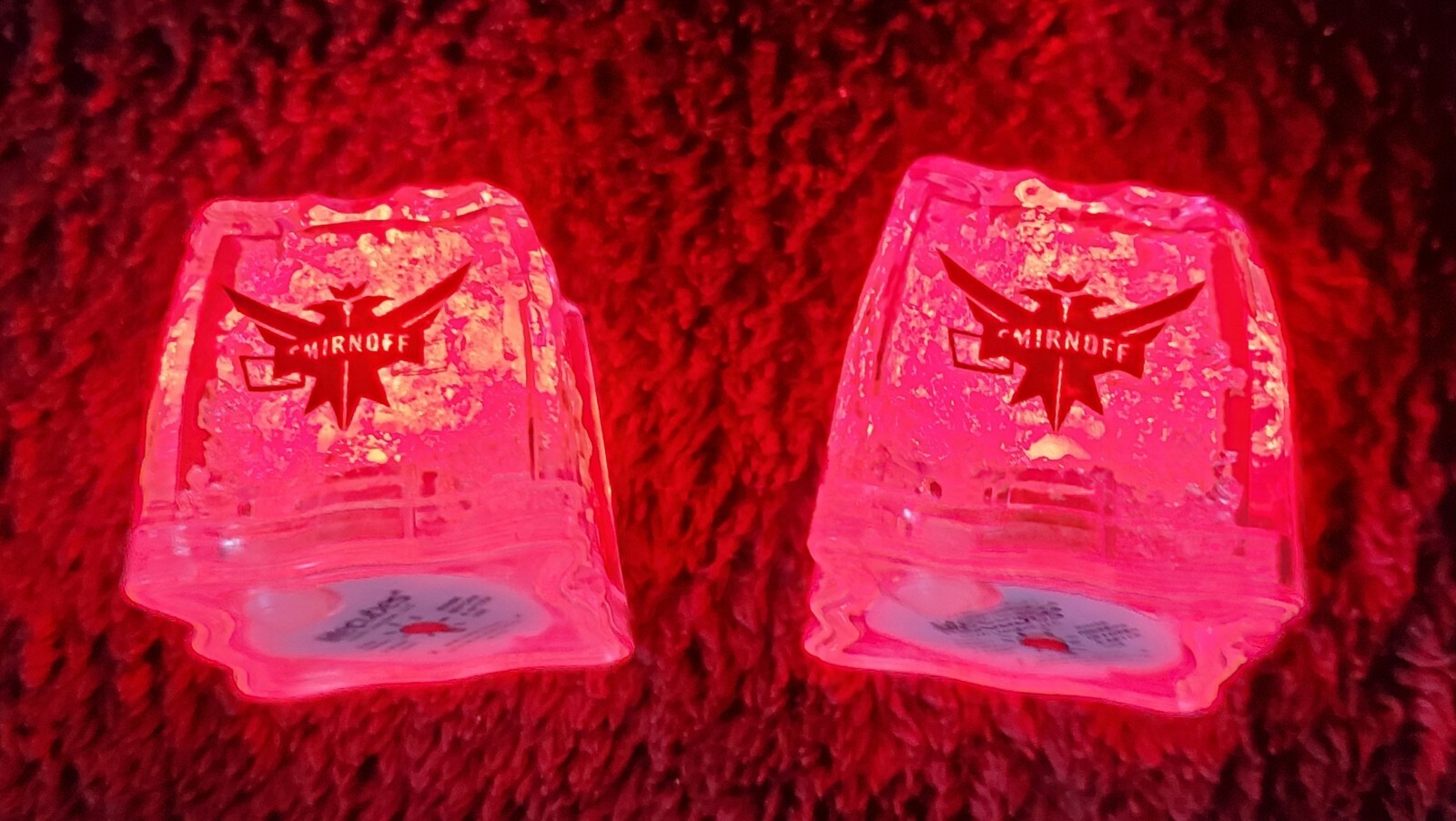 2 litecubes Smirnoff branded, 3 modes (strobe, flash, & steady) red LED cubes