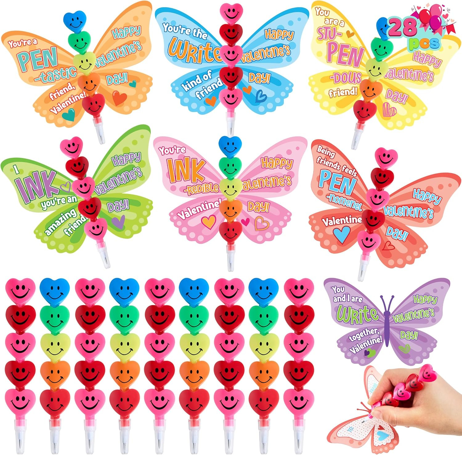 28PCS Valentines Day Plastic Bear Pencils and Cards, Stationery Gift Kids Party