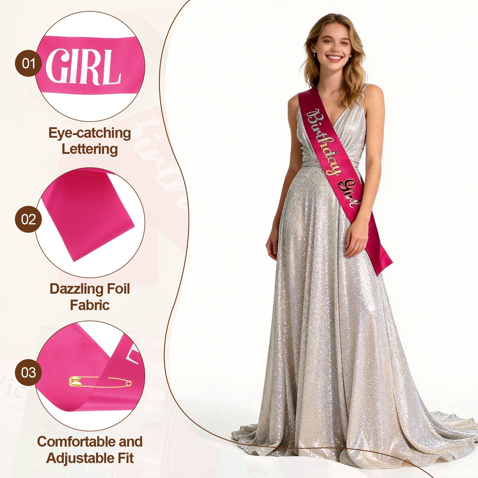 Birthday Girls Sash with Pin Silver Lettering for Birthday Party, Bright Pink