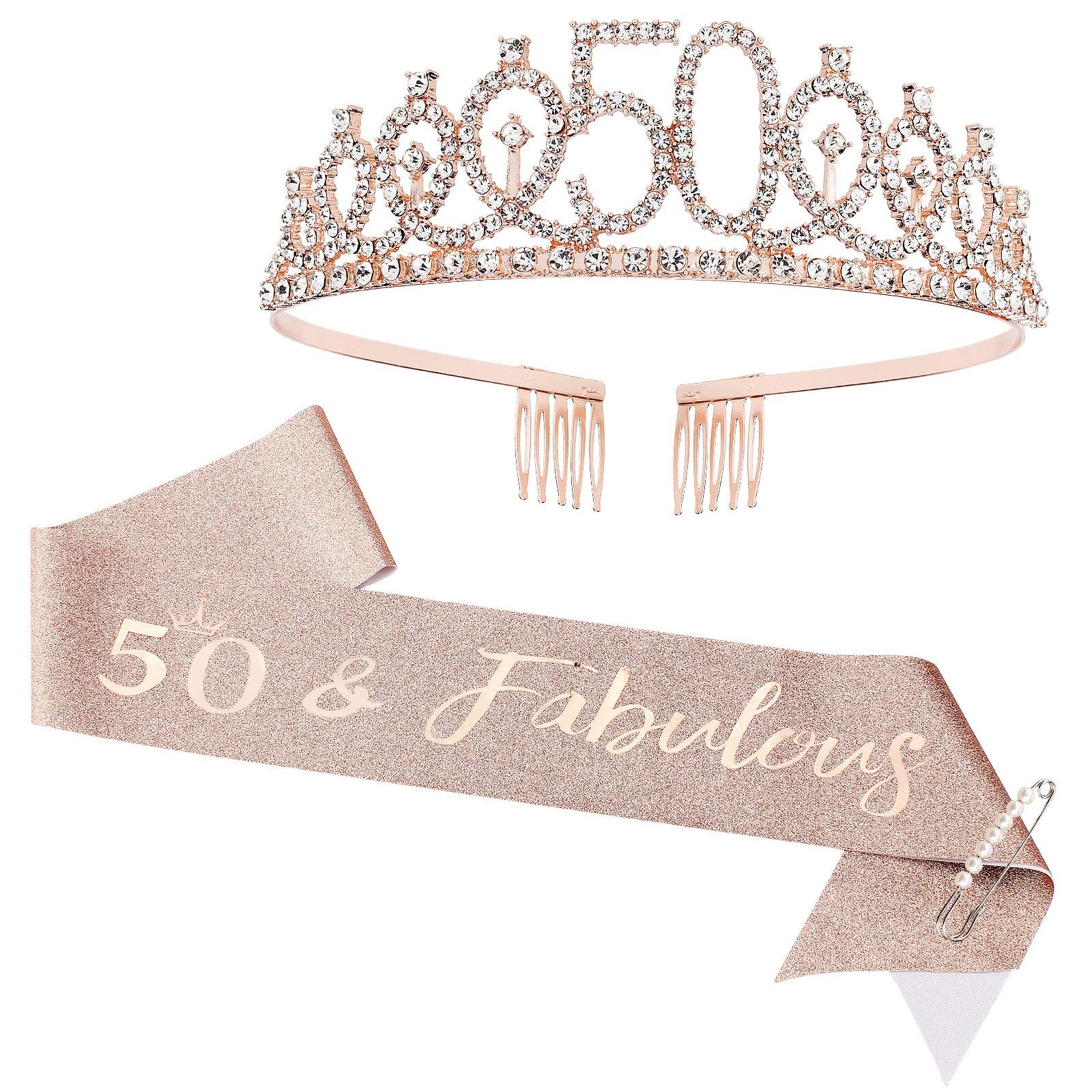 CIEHER 50th Birthday Crown + 50 & Fabulous 2 Piece Set, Sash & Tiara Set