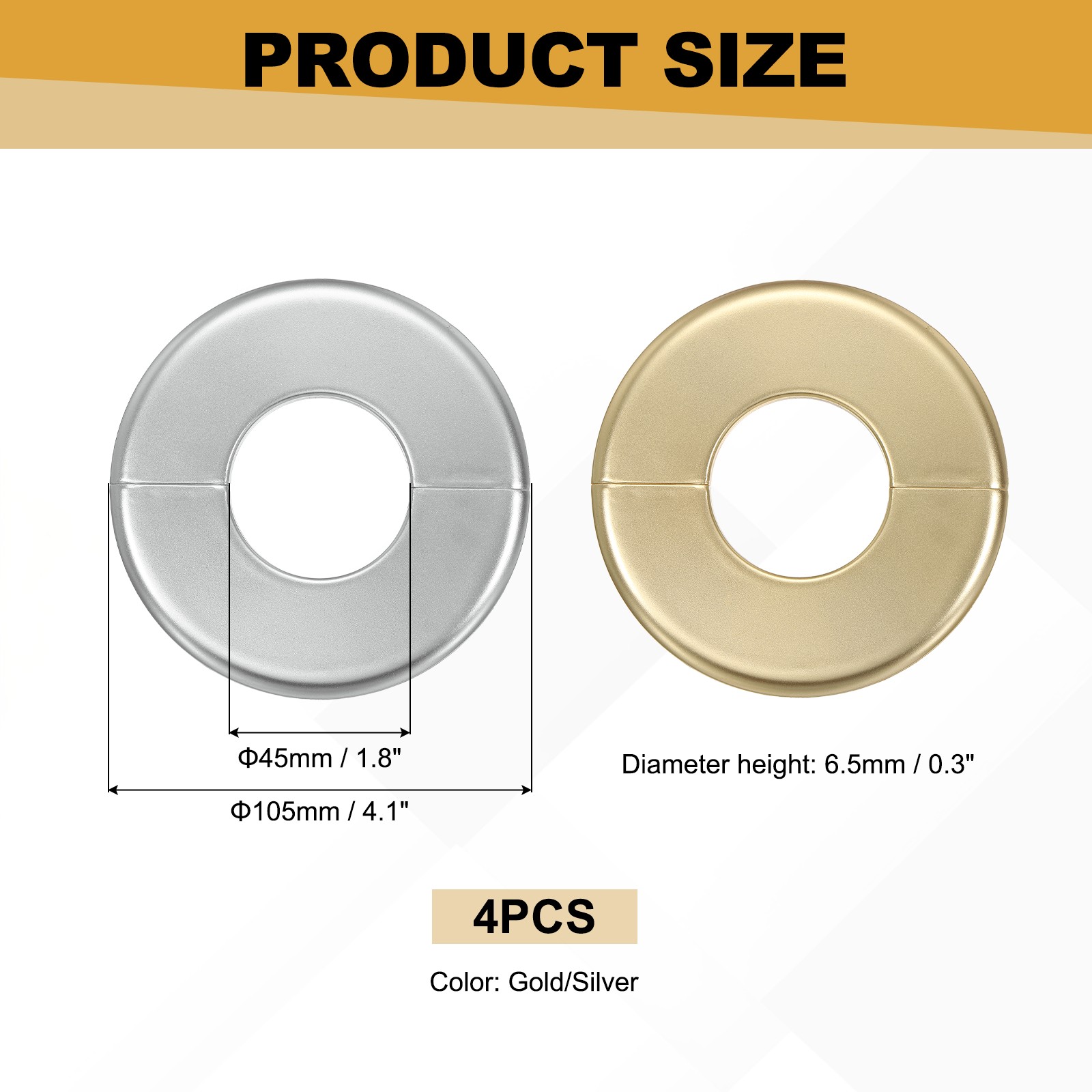 For wall flanges 105mm/4.1″ OD, 4 plates decor gold/silver