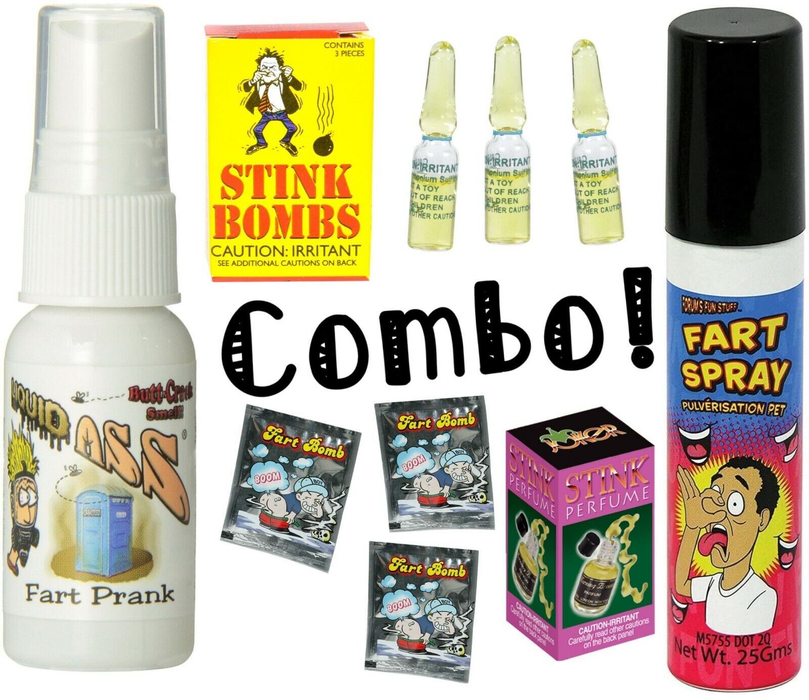 1 Liquid Ass + 1 Fart Spray Can + 3 Stink Vials + 3 Fart Bombs + 1 Stink Perfume