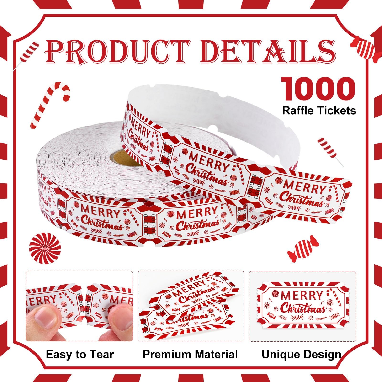 Merry Christmas Candy Drink Ticket Single Raffle Tickets Roll 1000 PCS