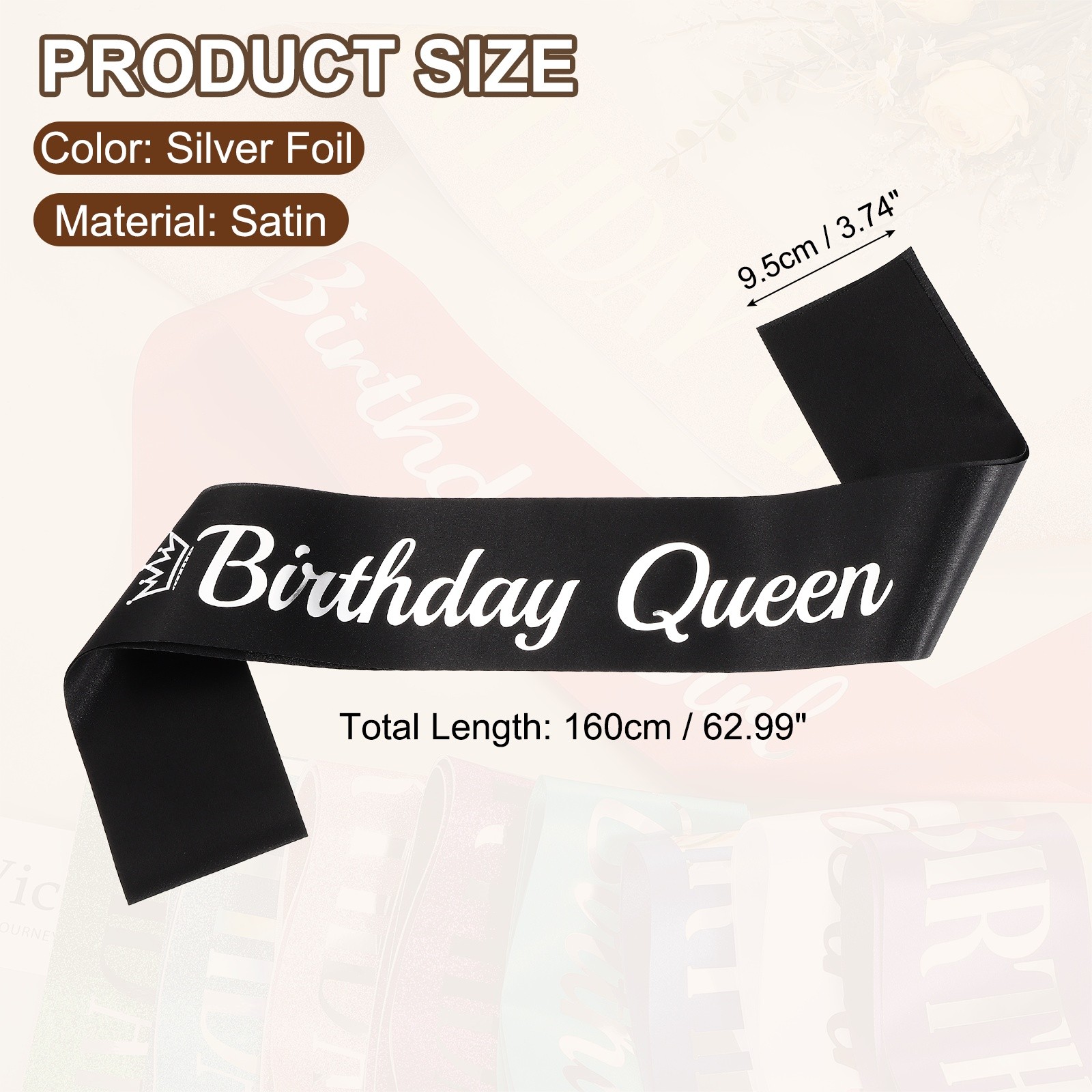 Birthday Queen Sash with Pin Silver Foil Lettering for Birthday Party, Black