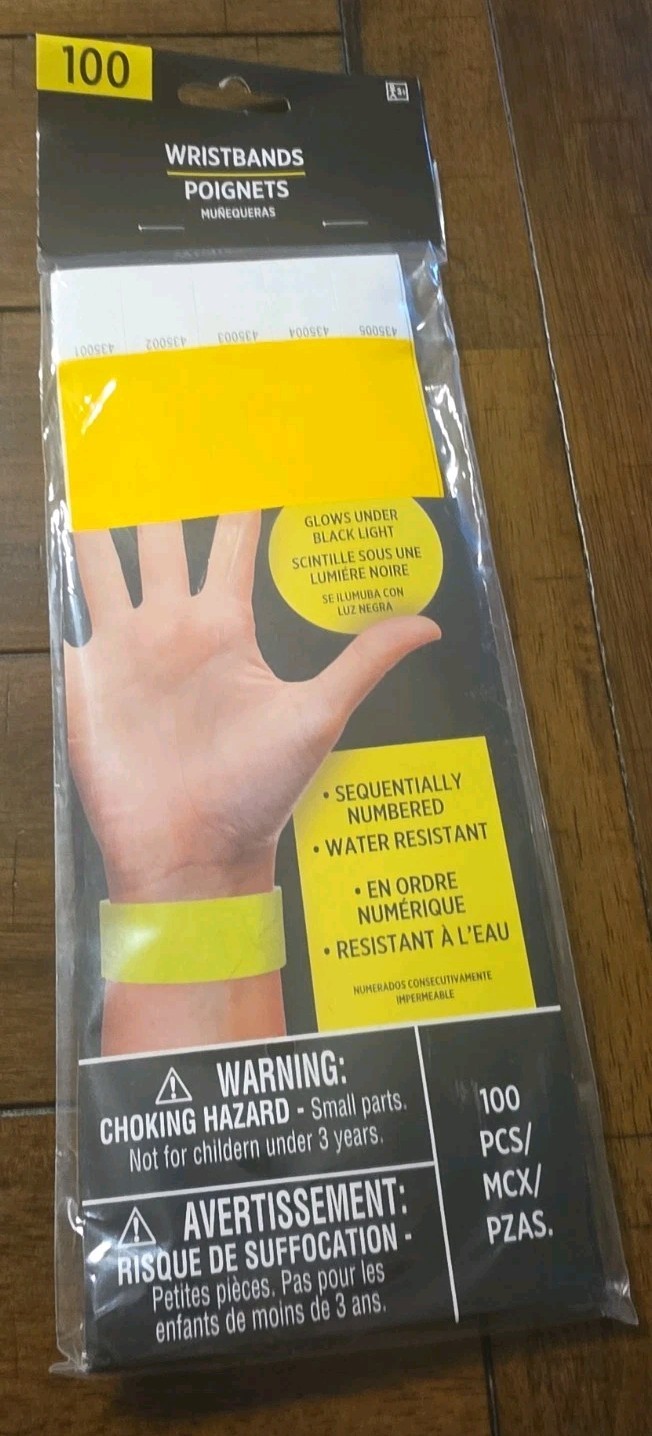 100 PARTY Yellow Paper Wristbands Water Resistent Sequentially Numbered Glow