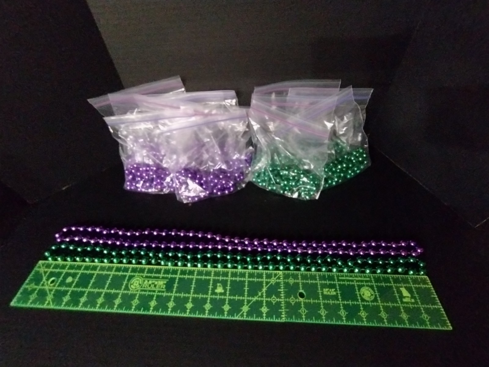 Lot Of 15 Mardi Gras Bead Strands, 8 Purple, 7 Green, 46″ Long, 1/2″ Diam Beads