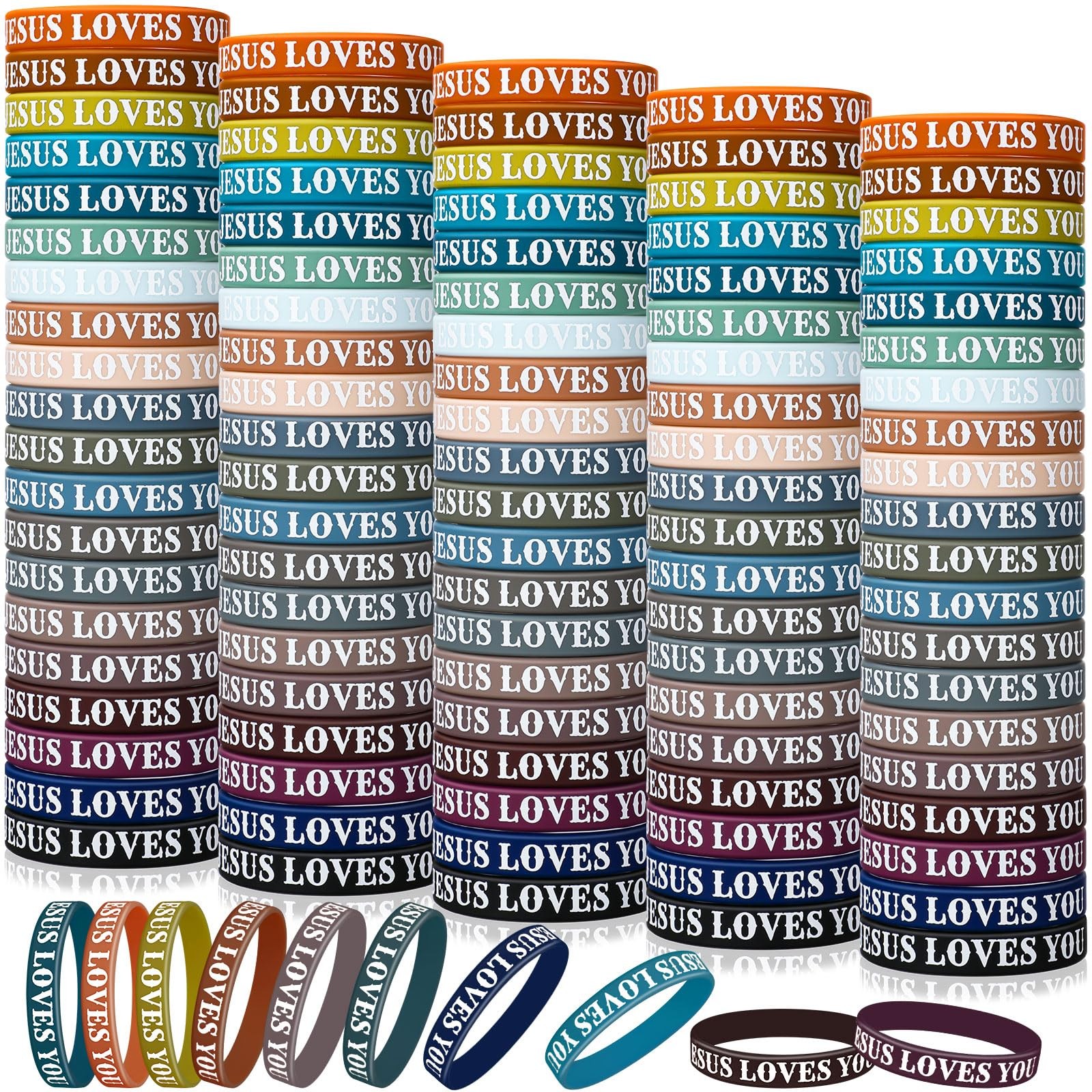 100 Pcs Jesus Loves You Bracelet Bulk Silicone Christian Bracelet Colorful Ru…