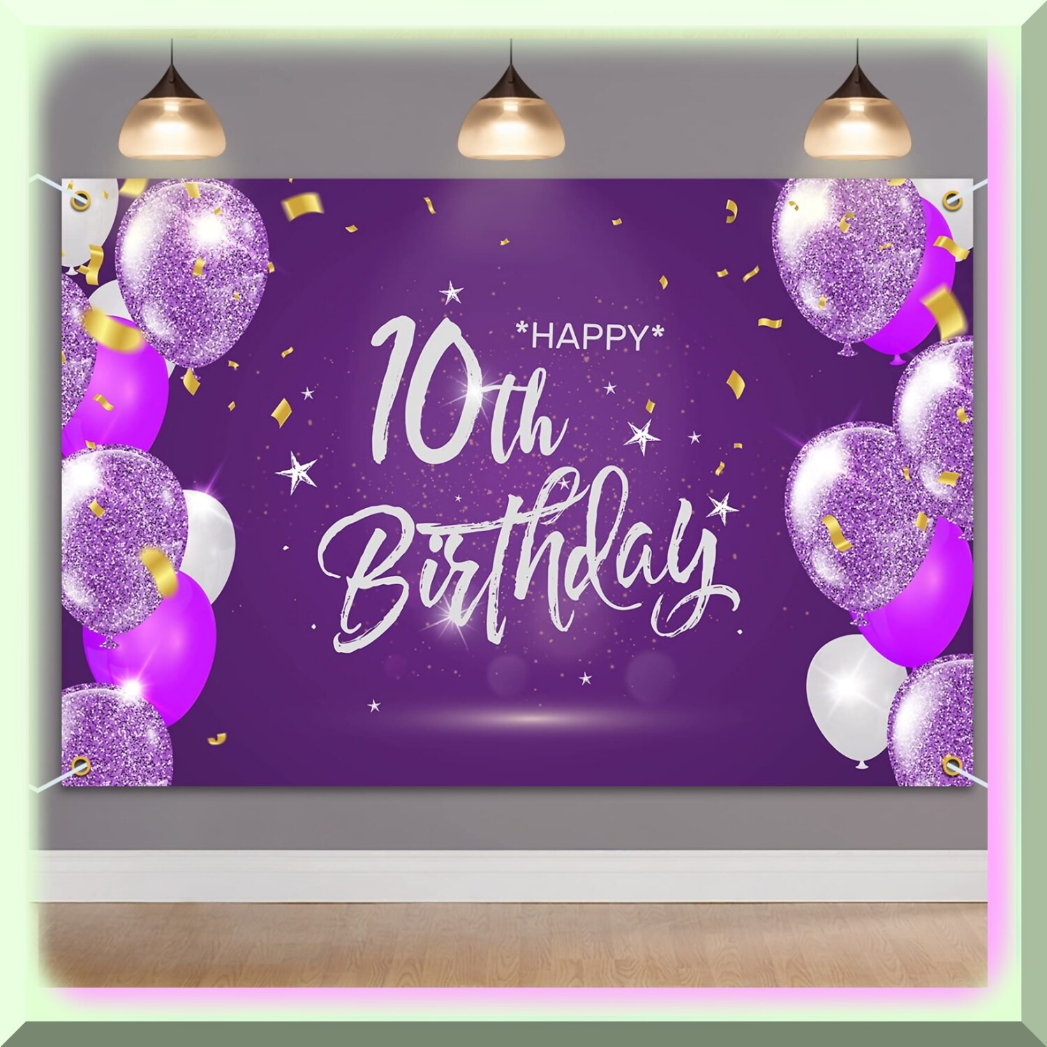 Purple 10th Birthday Party Backdrop Banner with Ribbon