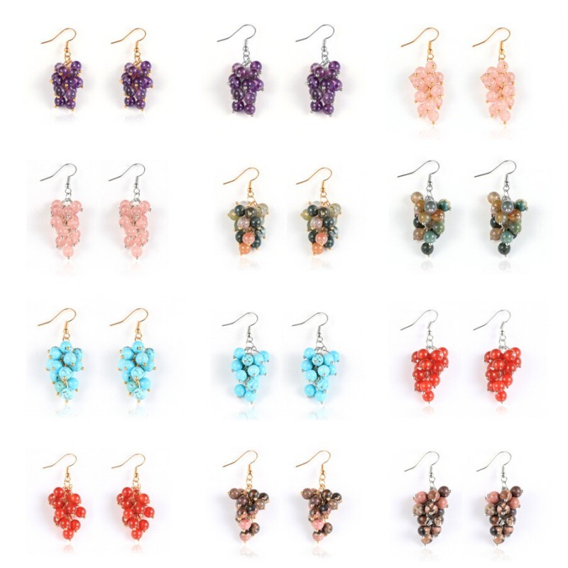 Natural Round Gems Beads Grape Eardrop Earhook Earrings Gift For Women Birthday