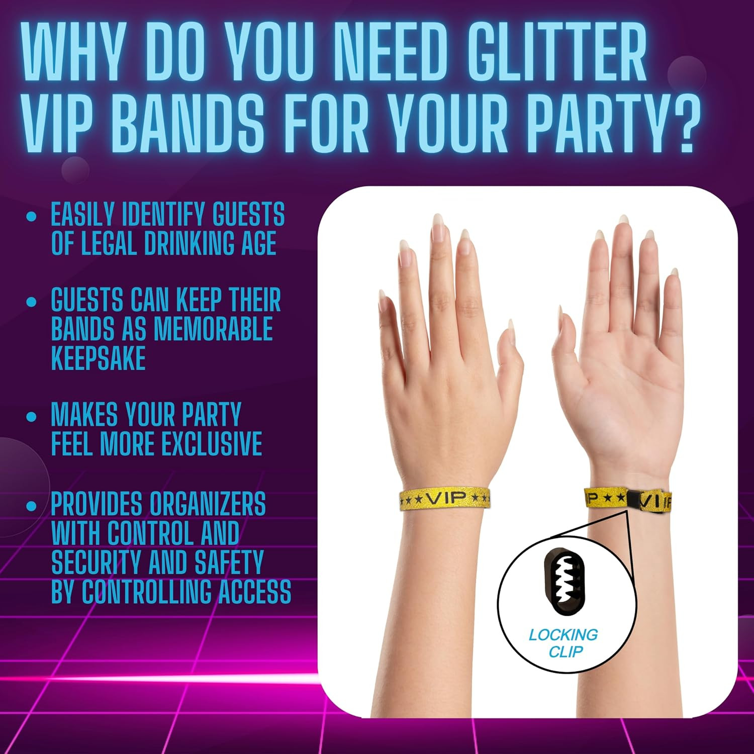 100 Pack Glitter Gold VIP Party Wristbands with Secure Locking Clip. Must Have A