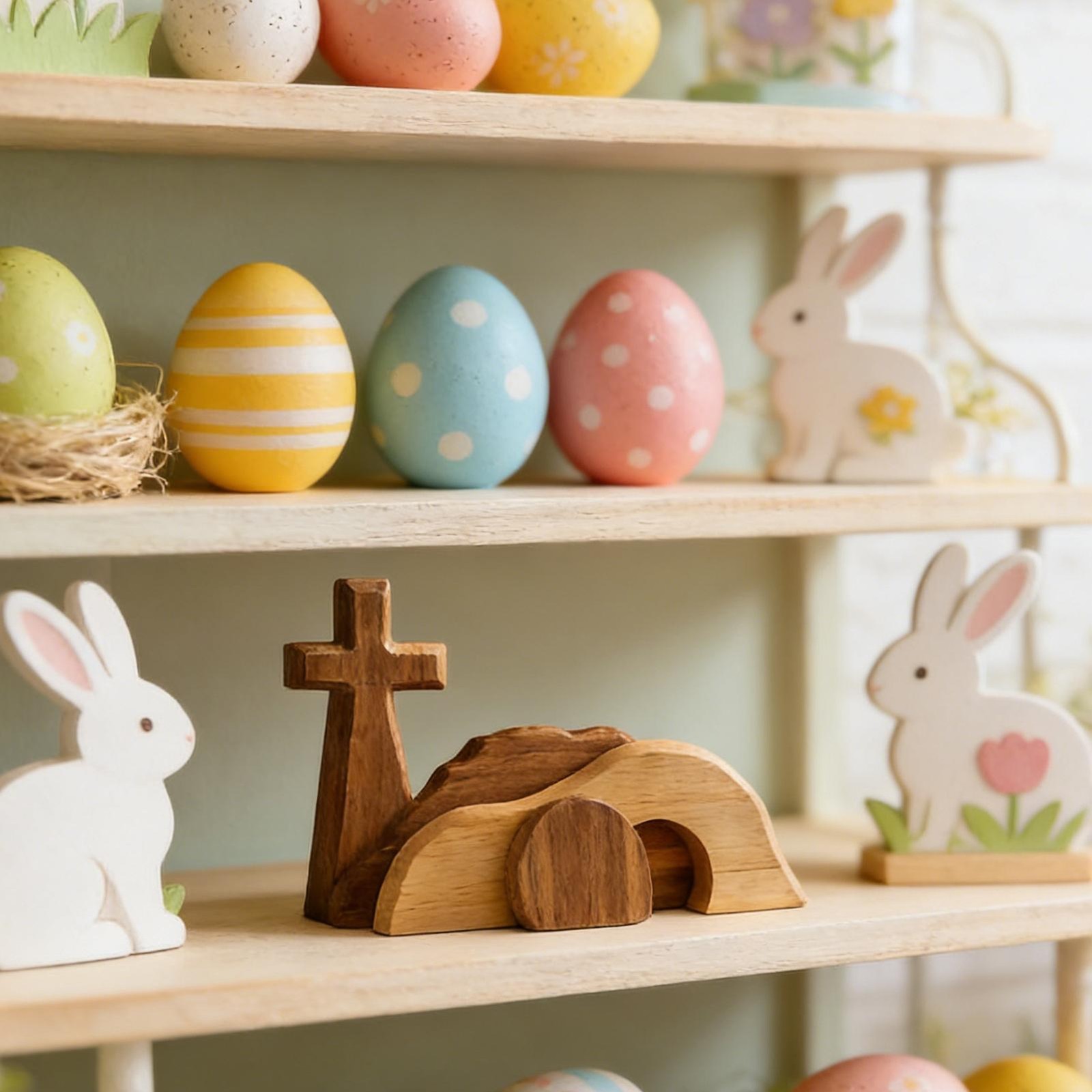 Easter Jesus Nativity Scene Set Wooden Cross Empty Tomb Statue Home Decor