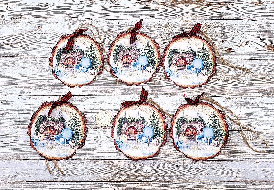 6-Christmas-Farmhouse-Cozy Winter-Faux Wood Slice-Linen Cardstock-Gift-Hang-Tags