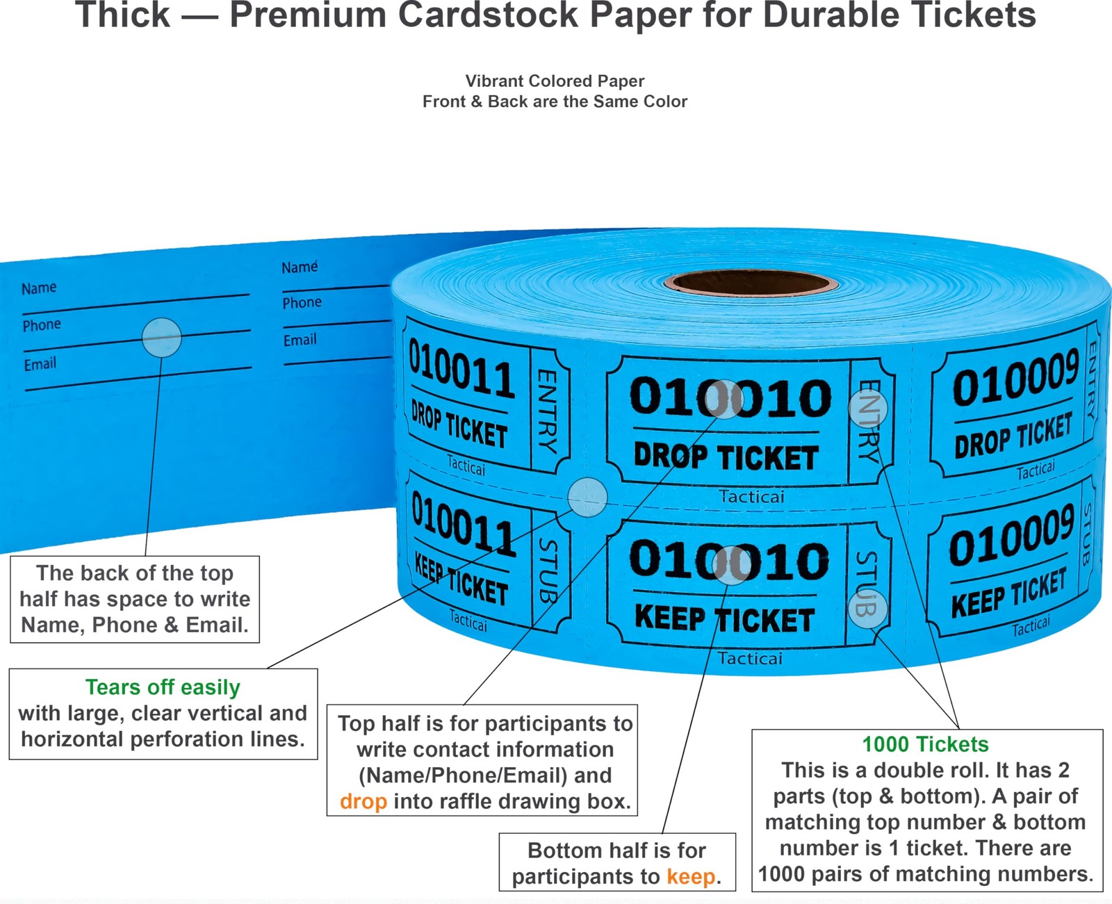 1000 PCS Raffle Tickets Blue Double Roll Big Number Ticket Event Fundraiser