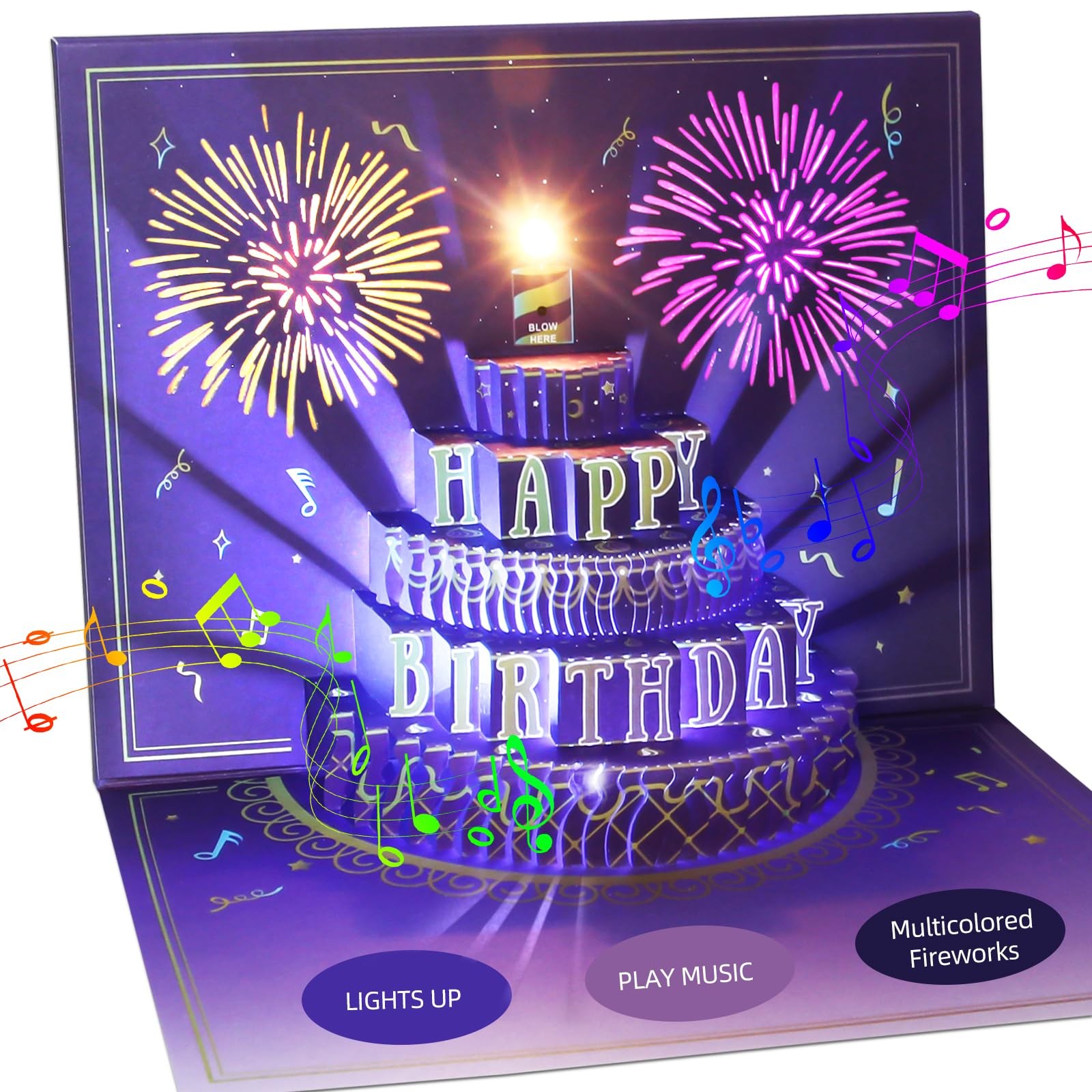 XTF2015 Happy Birthday Cards Fireworks, Lights, Music 7.87*5.9 inch, Purple