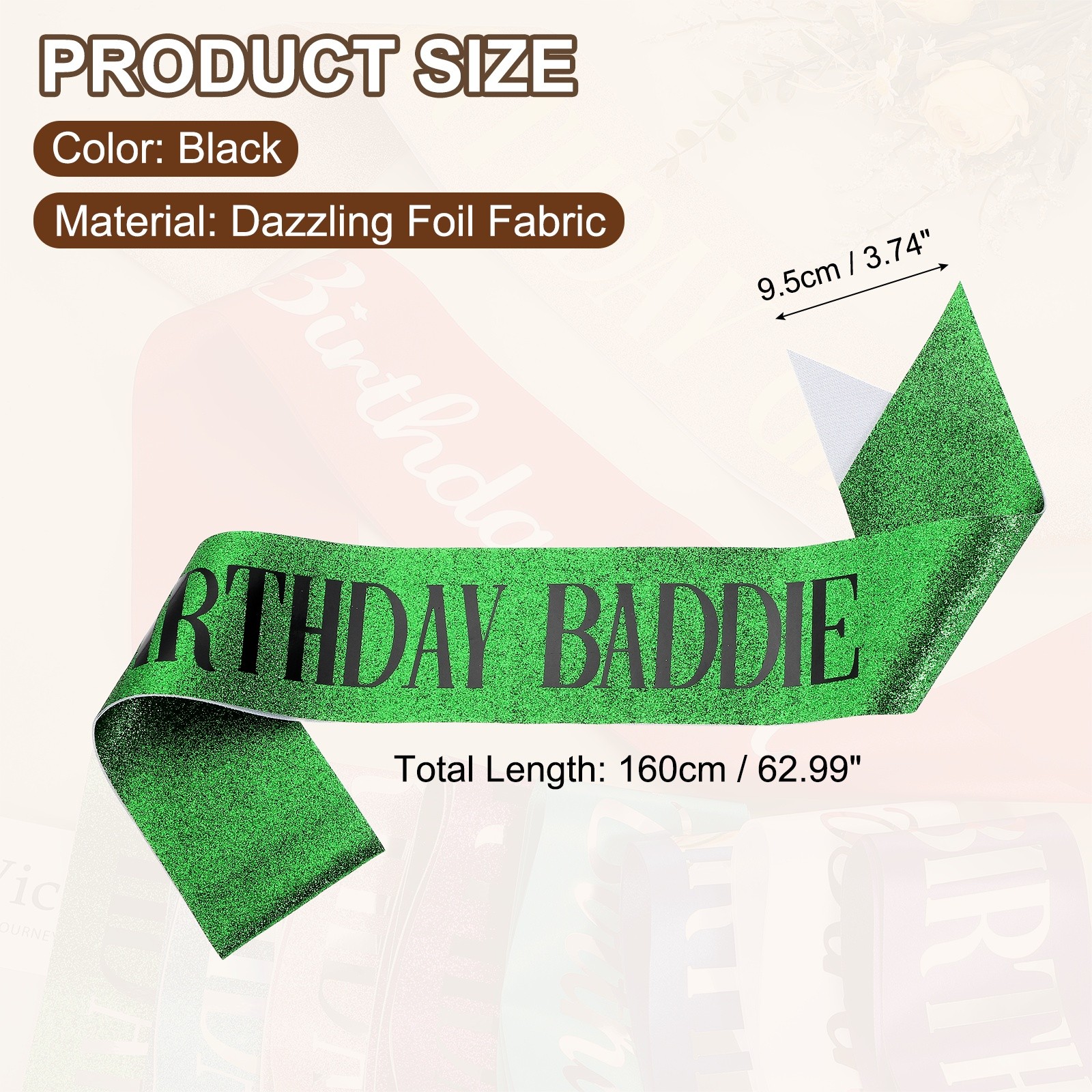 Birthday Baddie Sash with Pin Black Lettering for Party, Green