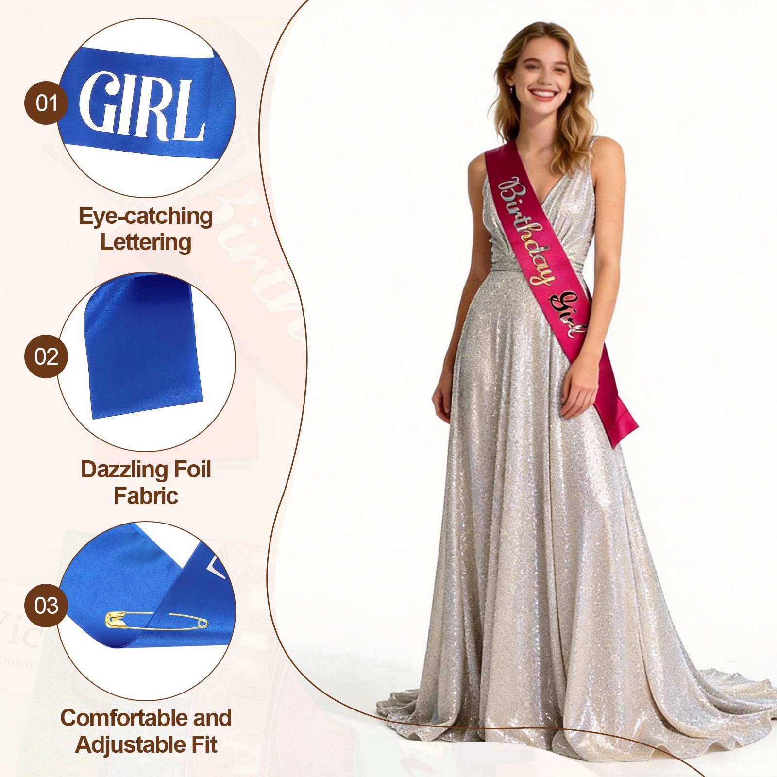 Birthday Girls Sash with Pin Silver Lettering for Birthday Party Cobalt Blue