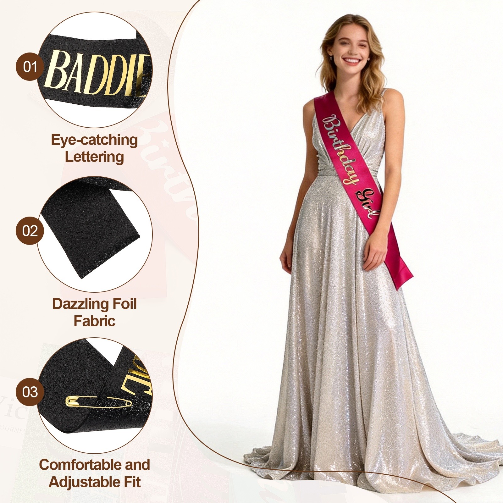 Black Birthday Baddie Sash with Pin Gold Foil Lettering for Party
