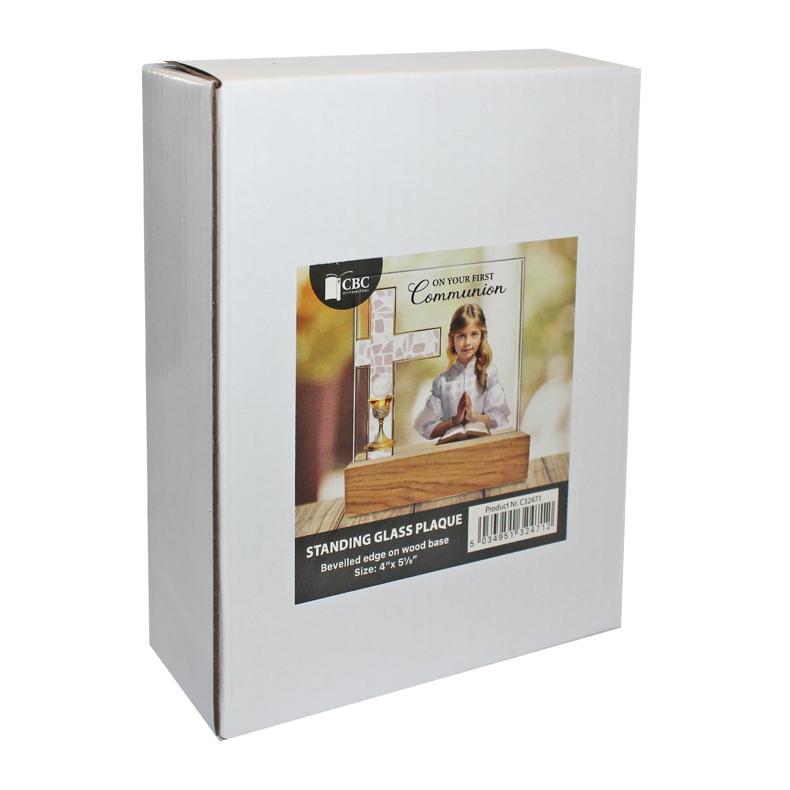 First Communion Glass Plaque on a Wooden Base – Girl