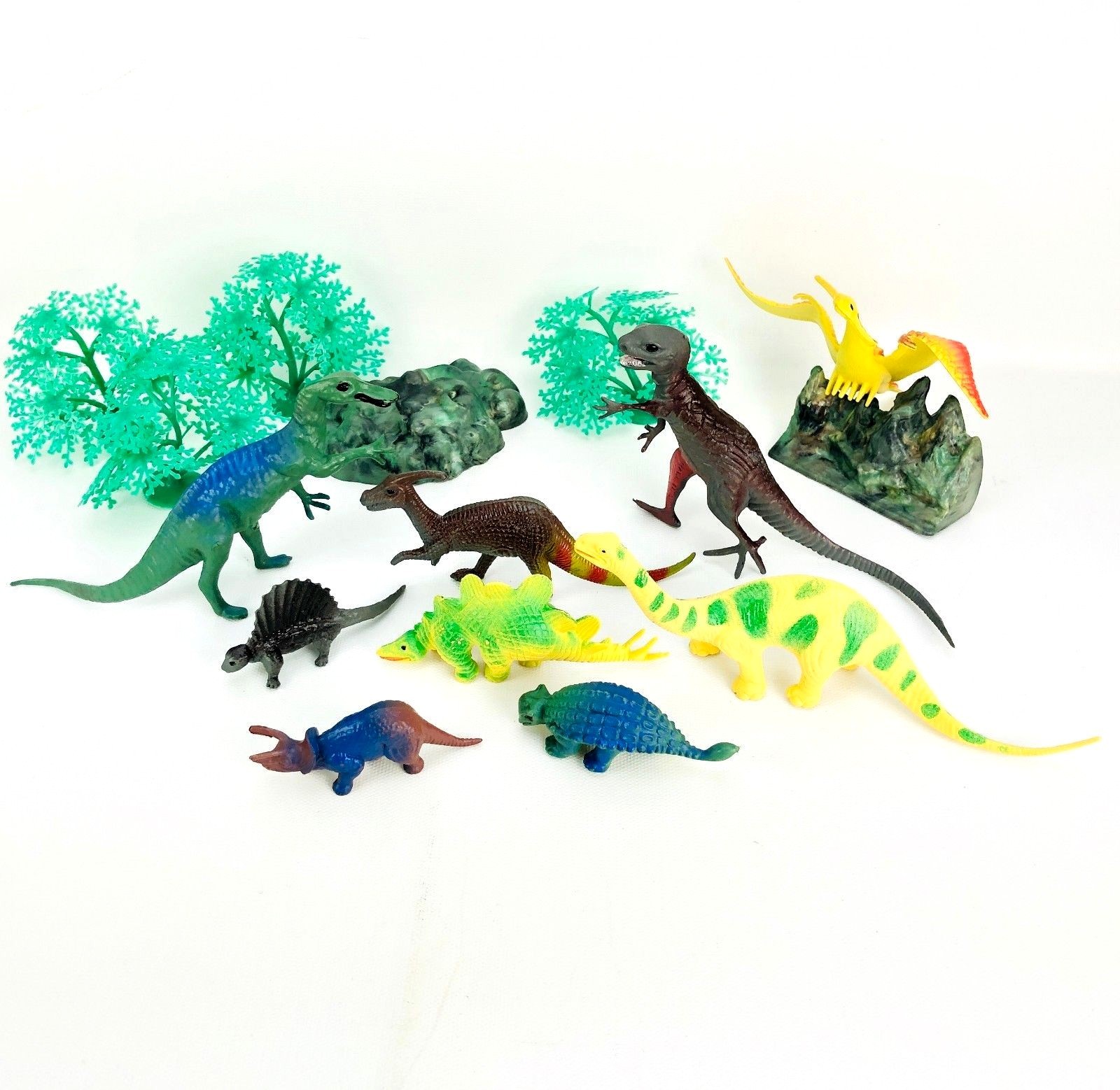 Lot 15 Cake Decoration Toys Dinosaur pterodactyl T Rex Long Neck Rocks Trees Set