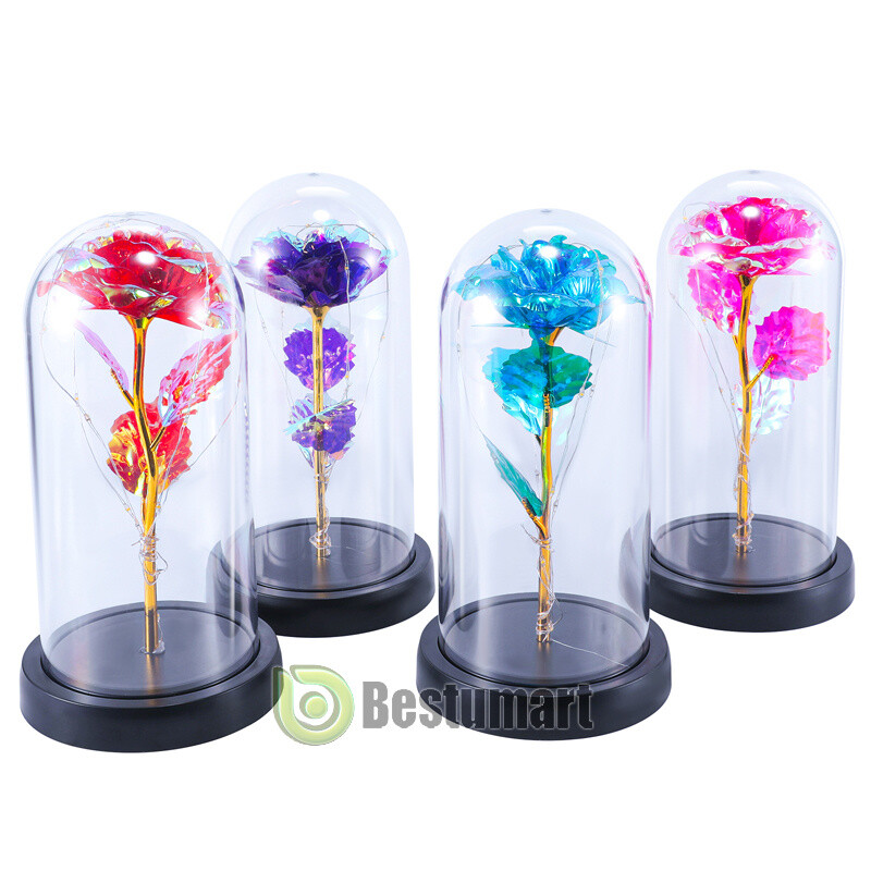 Crystal Eternal Galaxy Rose Flower LED Light Glass In Dome Gifts for Her Lovers