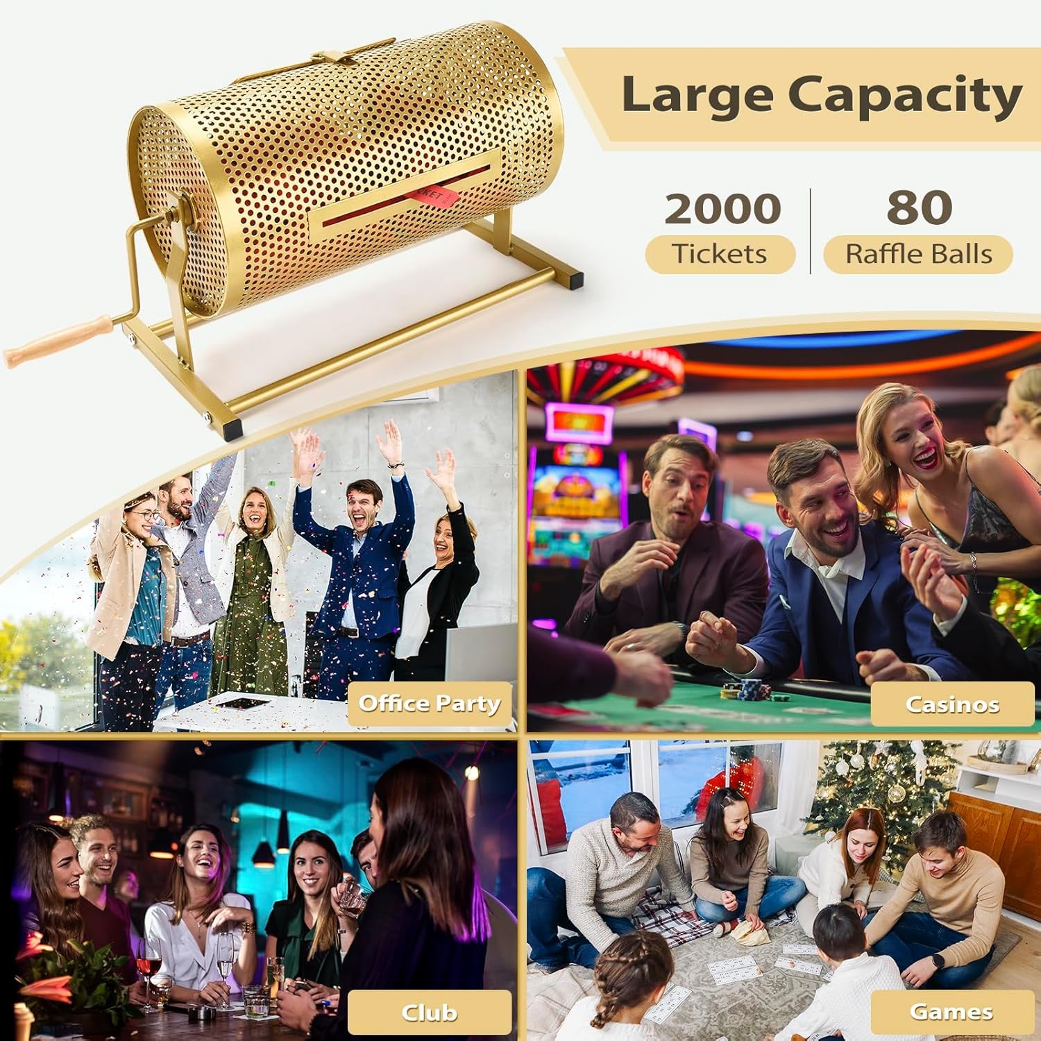 Raffle Drum, Heavy Duty Raffle Ticket Spinner Cage with Wooden Silent Design