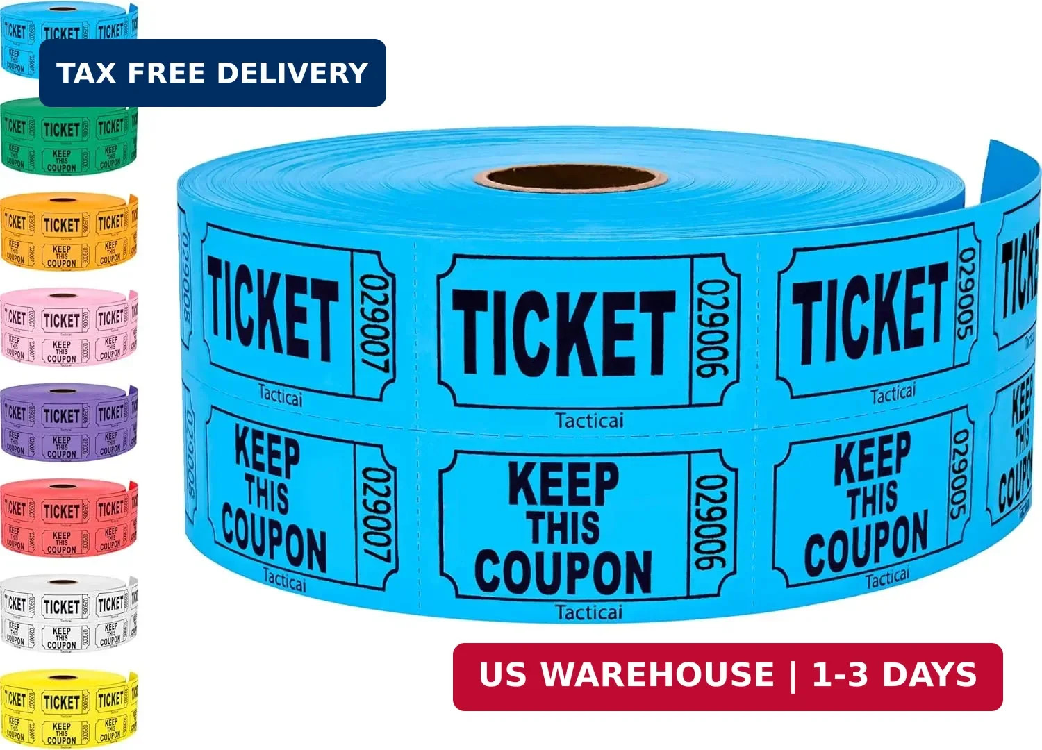 1000 Tacticai Raffle Tickets, Blue (1 of 8 Colors), Double Roll, Ticket for Even