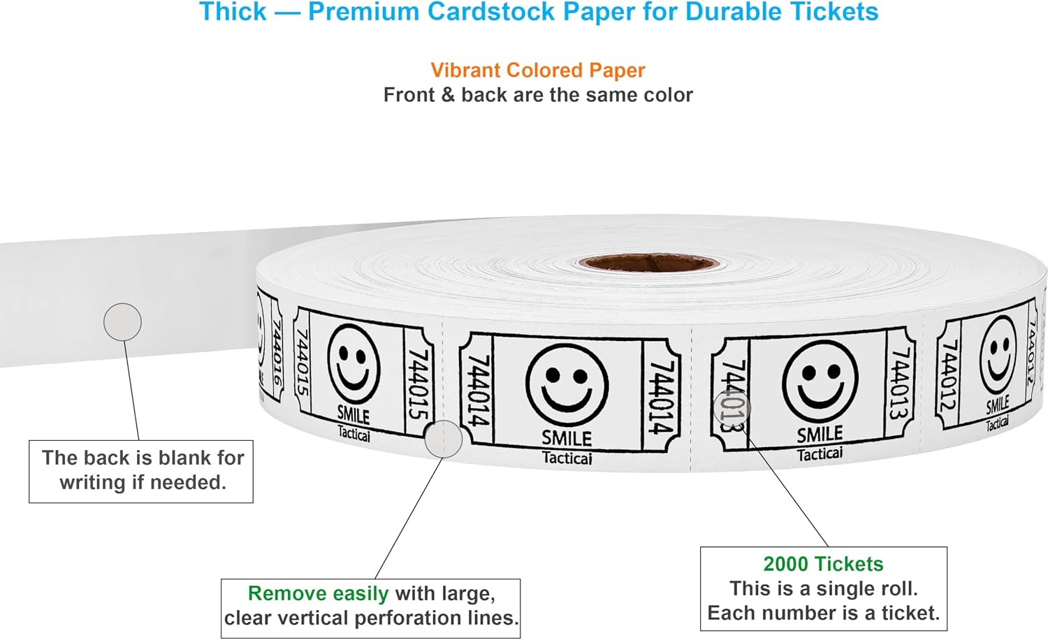 2000 Smile Raffle Tickets, Single Roll, White | 8 Color Options, Premium Cardsto