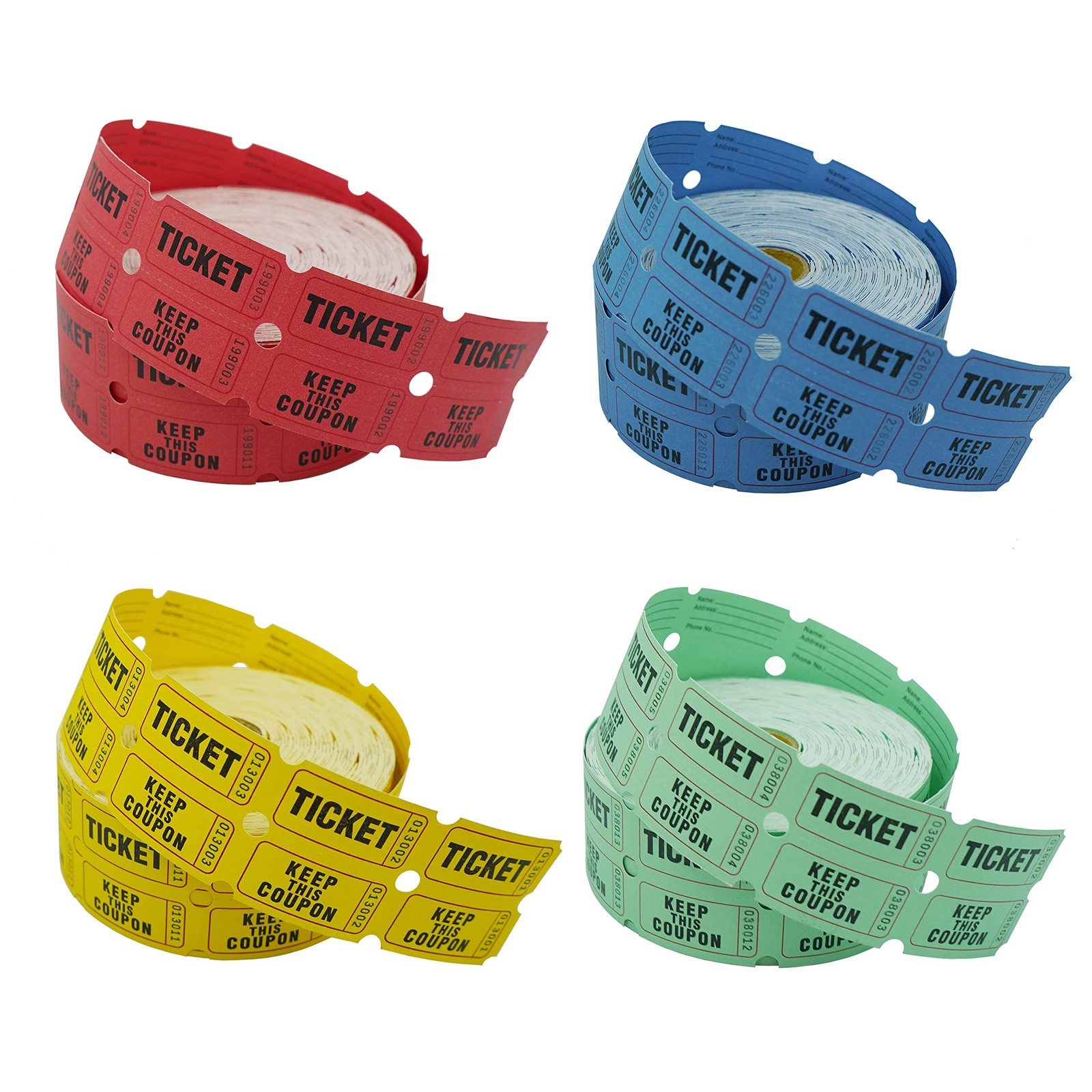 4Color Set of 1000 2x2in 50/50 Double Roll Raffle Tickets Blue/Yellow/Red/Green