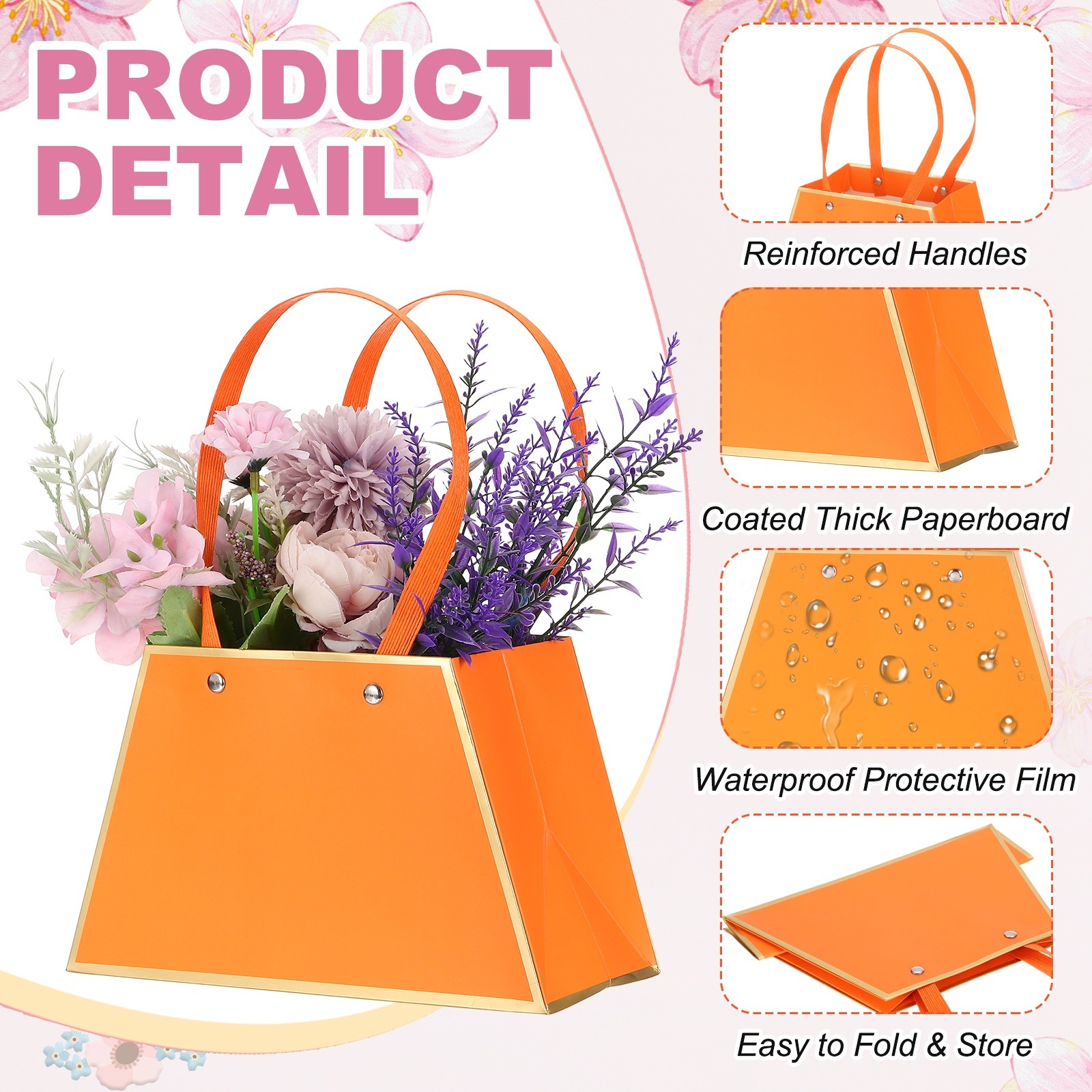 12 Pcs Flower Gift Bags Bouquet Wrapping Bag Paper Bouquet Bag Boxes Orange