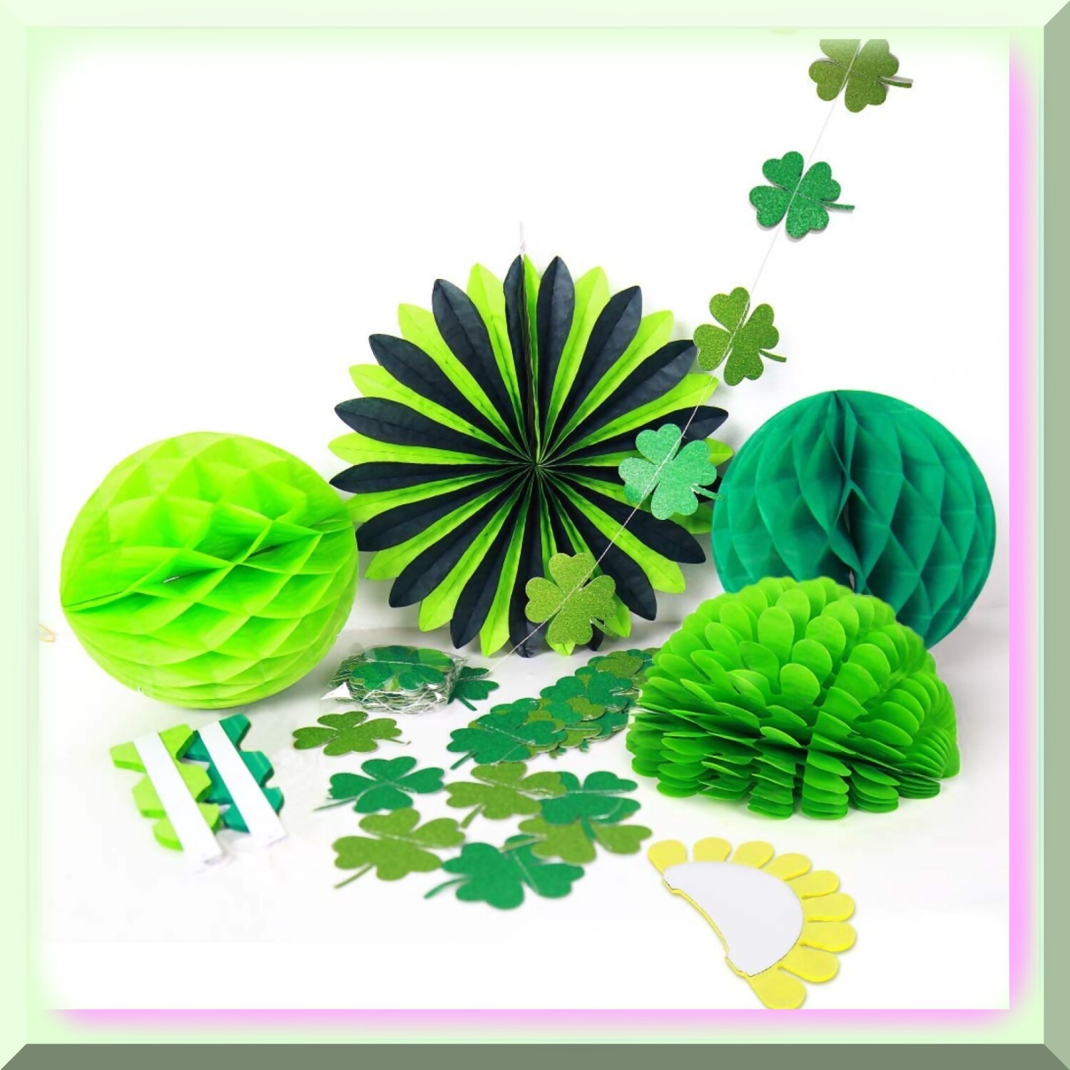 Shamrock Celebration Decoration Kit with Paper Fans Pom Poms