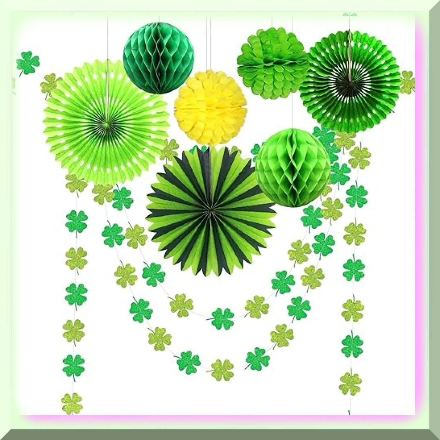 Shamrock Celebration Decoration Kit with Paper Fans Pom Poms
