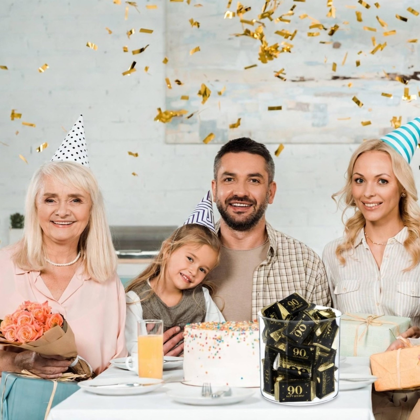 Tenare 90 Pcs 90th Birthday Party Favors Candy Wrappers Black and Gold